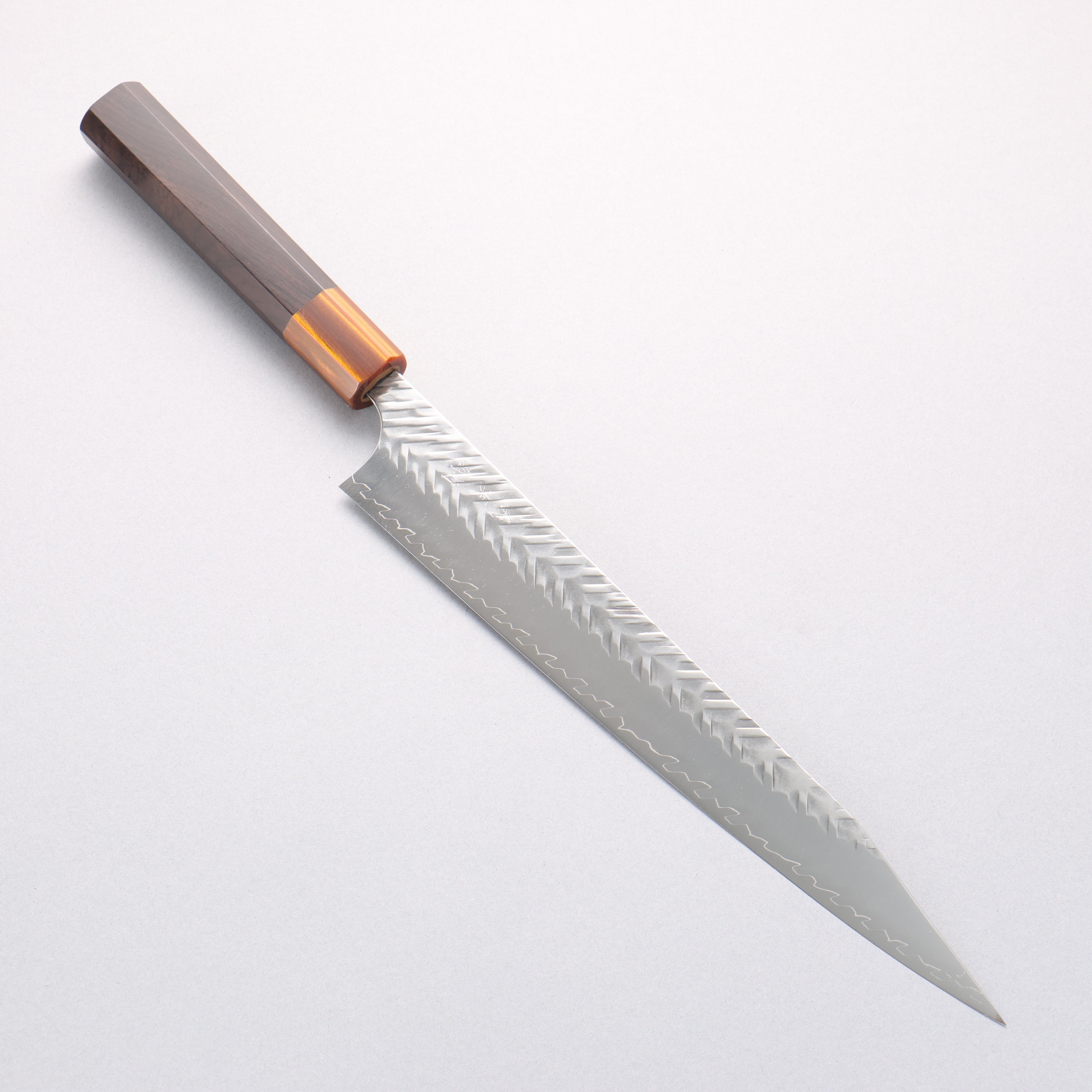 Yoshimi Kato SPG STRIX Hammered (V) Kiritsuke Sujihiki 270mm Ebony (ferrule: Orange Resin) Handle - Seisuke Knife
