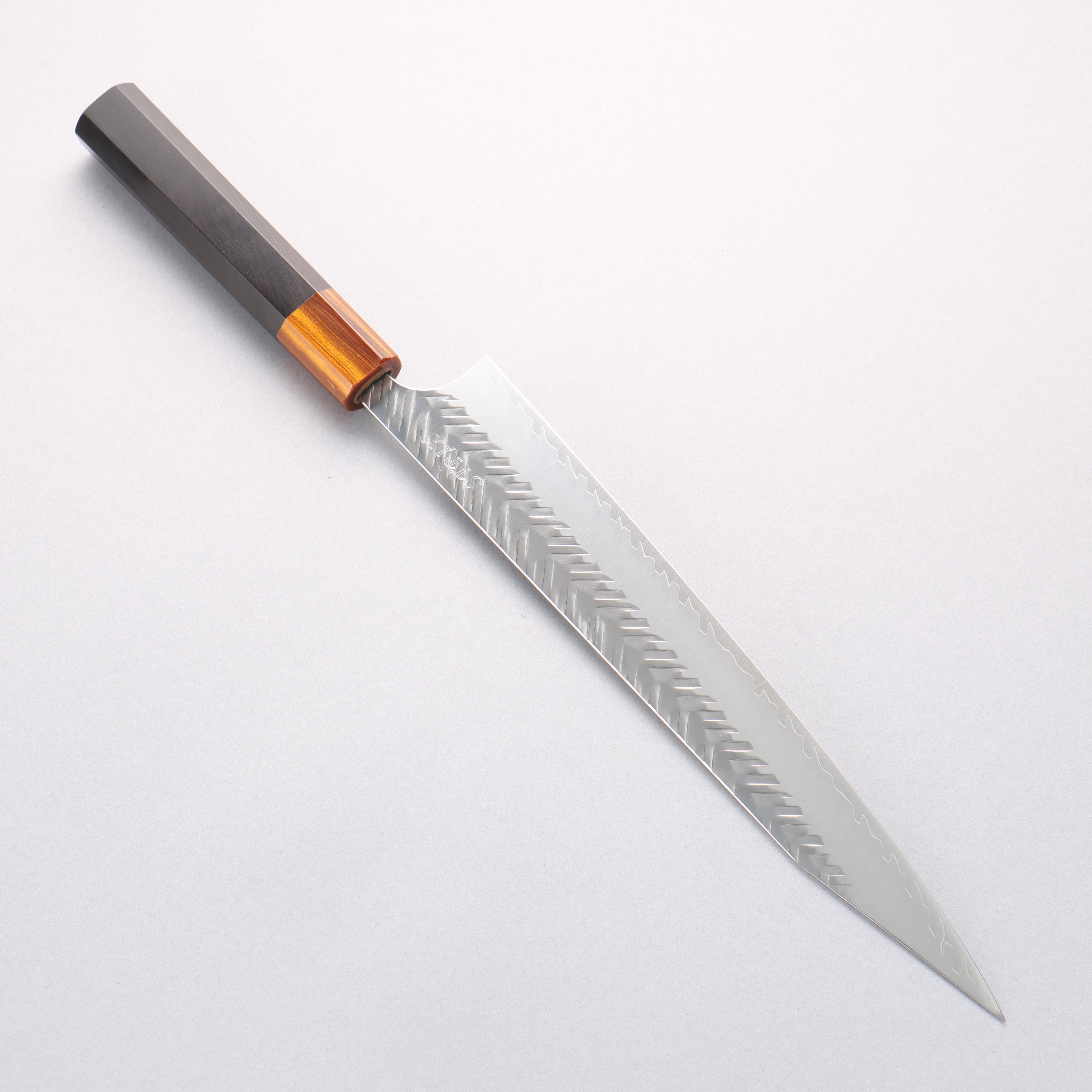 Yoshimi Kato SPG STRIX Hammered (V) Kiritsuke Sujihiki 270mm Ebony (ferrule: Orange Resin) Handle - Seisuke Knife