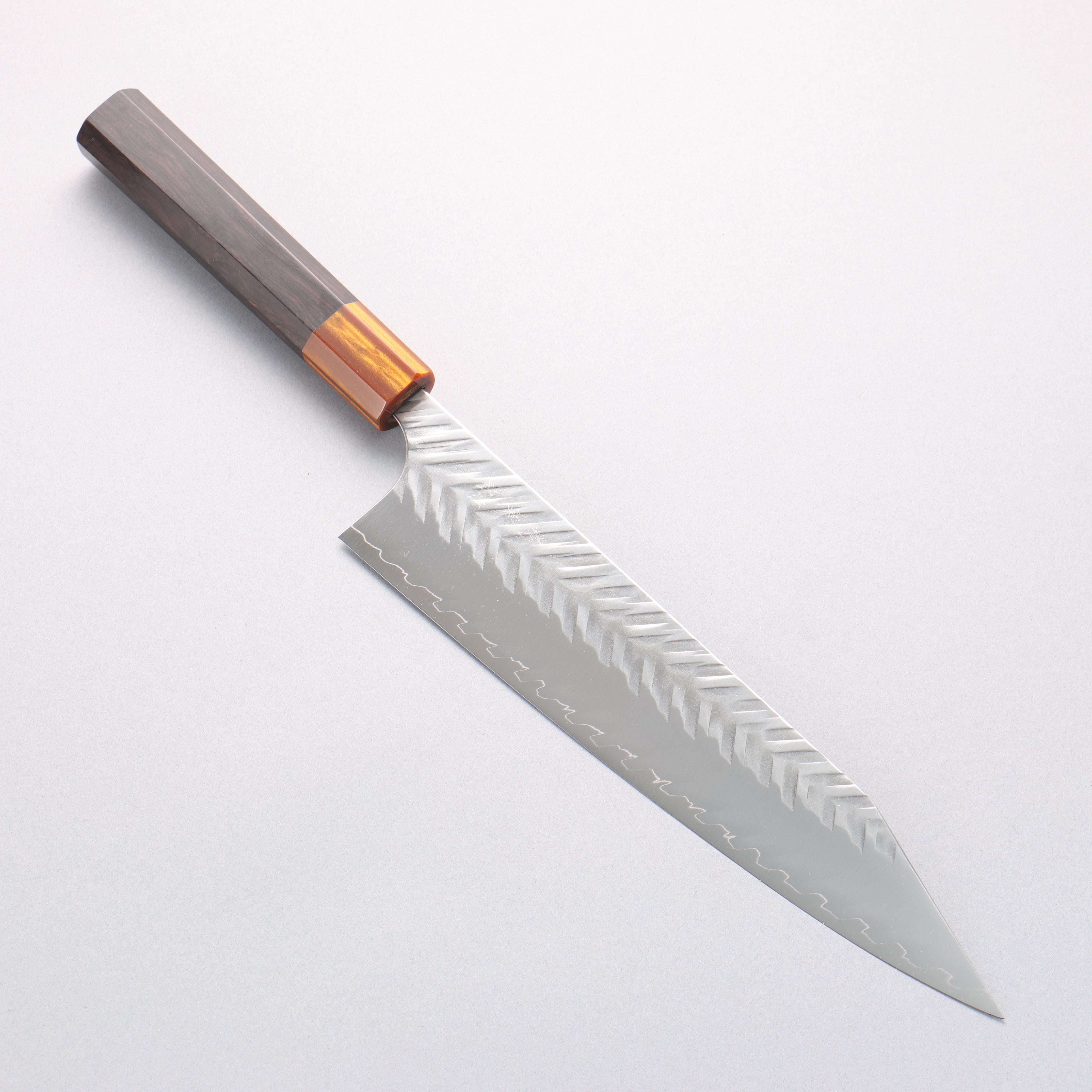 Yoshimi Kato SPG STRIX Hammered (V) Kiritsuke Gyuto 240mm Ebony (ferrule: Orange Resin) Handle - Seisuke Knife