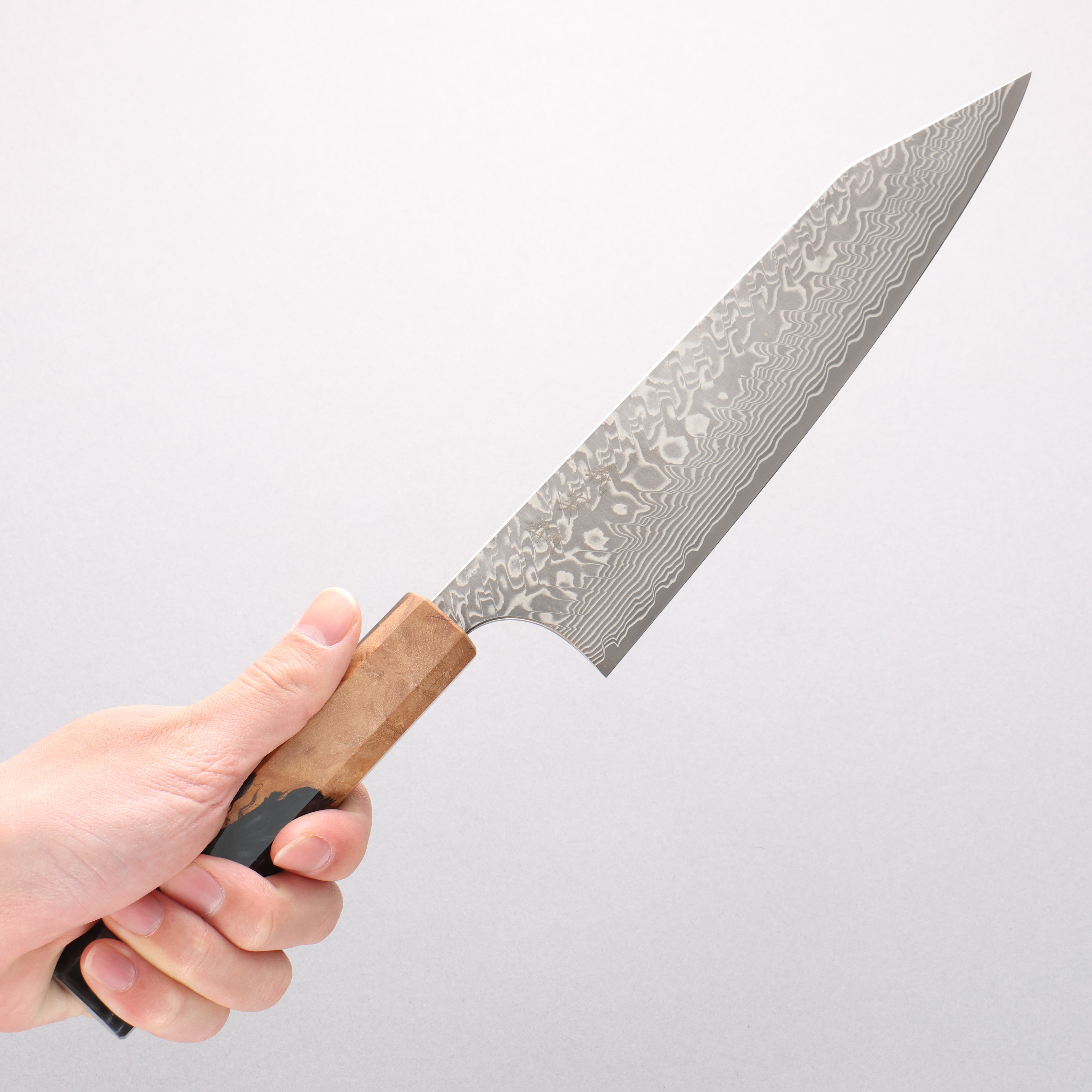 Yoshimi Kato SG2 Black Damascus Kiritsuke Gyuto 210mm Olive Tree and Black/White Marble Resin Handle - Seisuke Knife