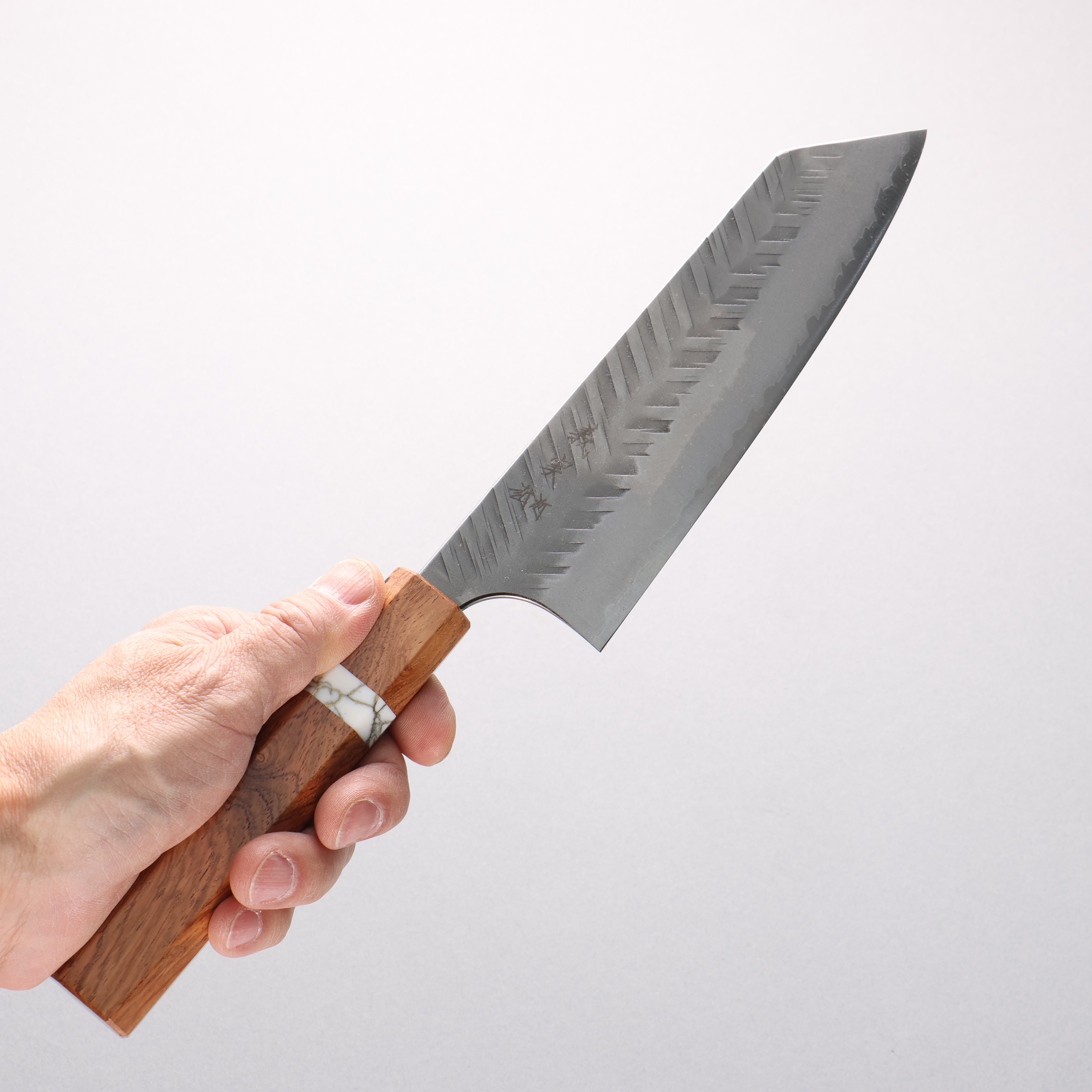 Yoshimi Kato Blue Super Nashiji V-Hammered Bunka 170mm Rosewood & White Turquoise Ring Handle - Seisuke Knife