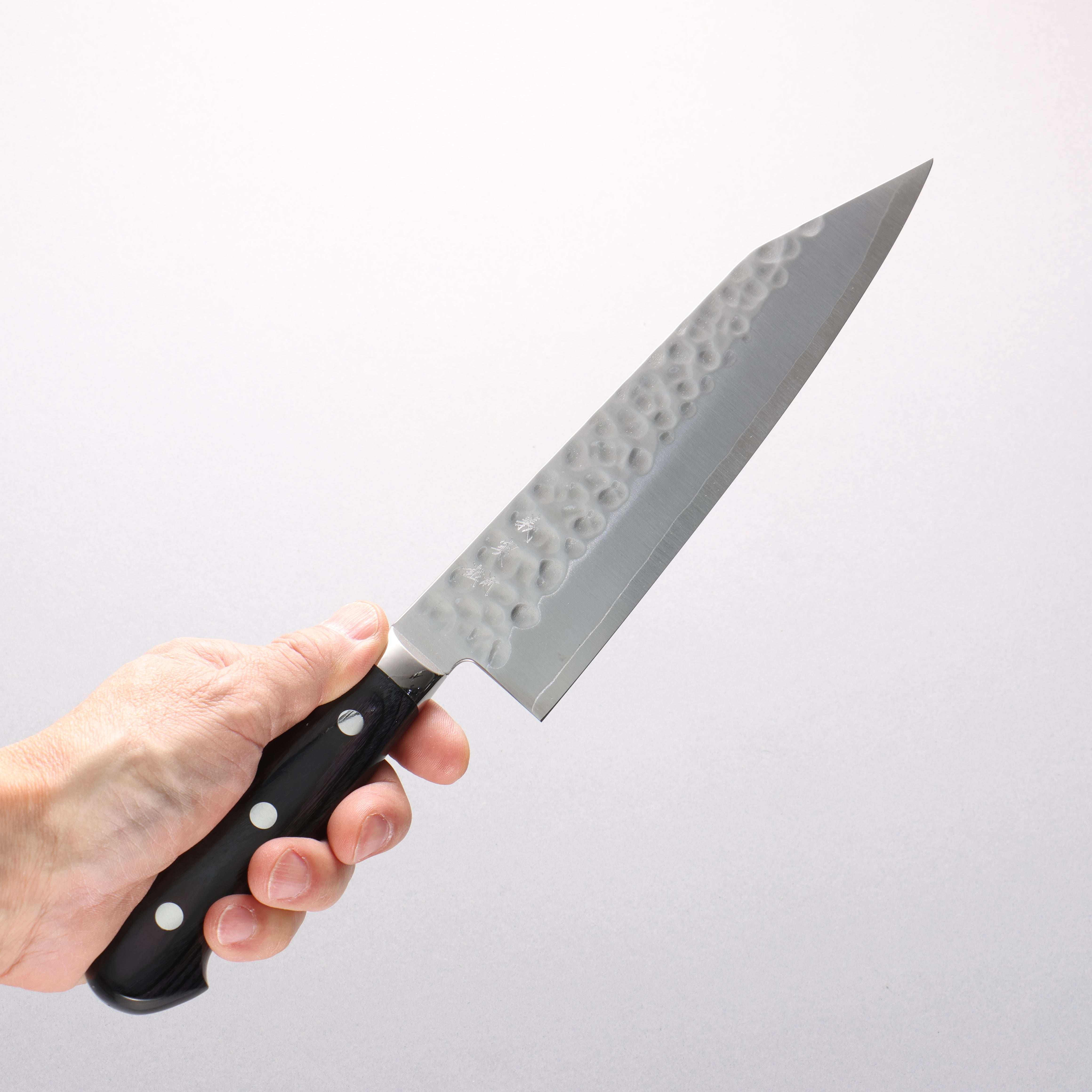 Yoshimi Kato SG2 Maru Hammered Migaki Kiritsuke Gyuto 210mm Purple & Black Pakkawood Handle - Seisuke Knife