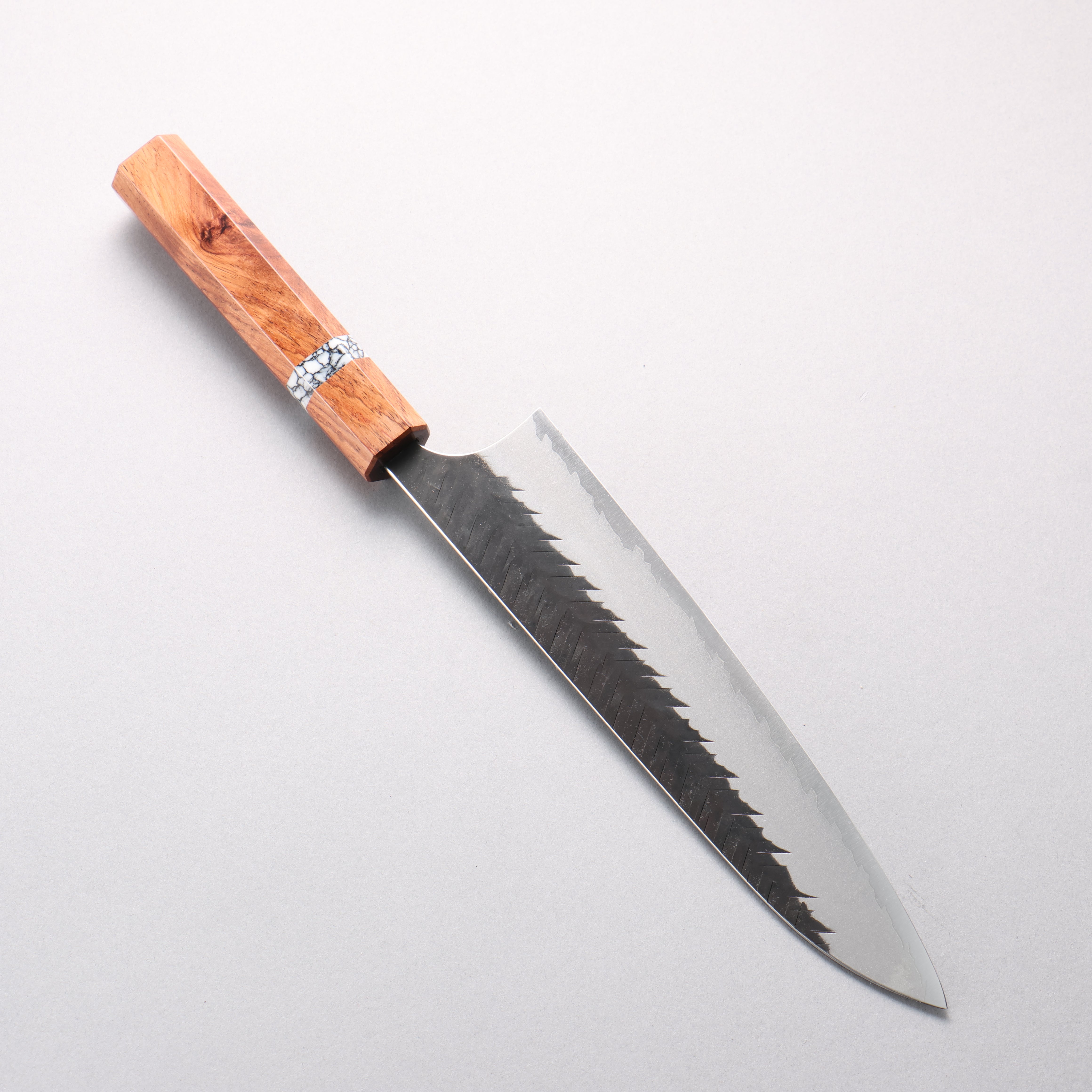 Yoshimi Kato Blue Super Kurouchi V-Hammered Gyuto 210mm Rosewood & White Turquoise Ring Handle - Seisuke Knife