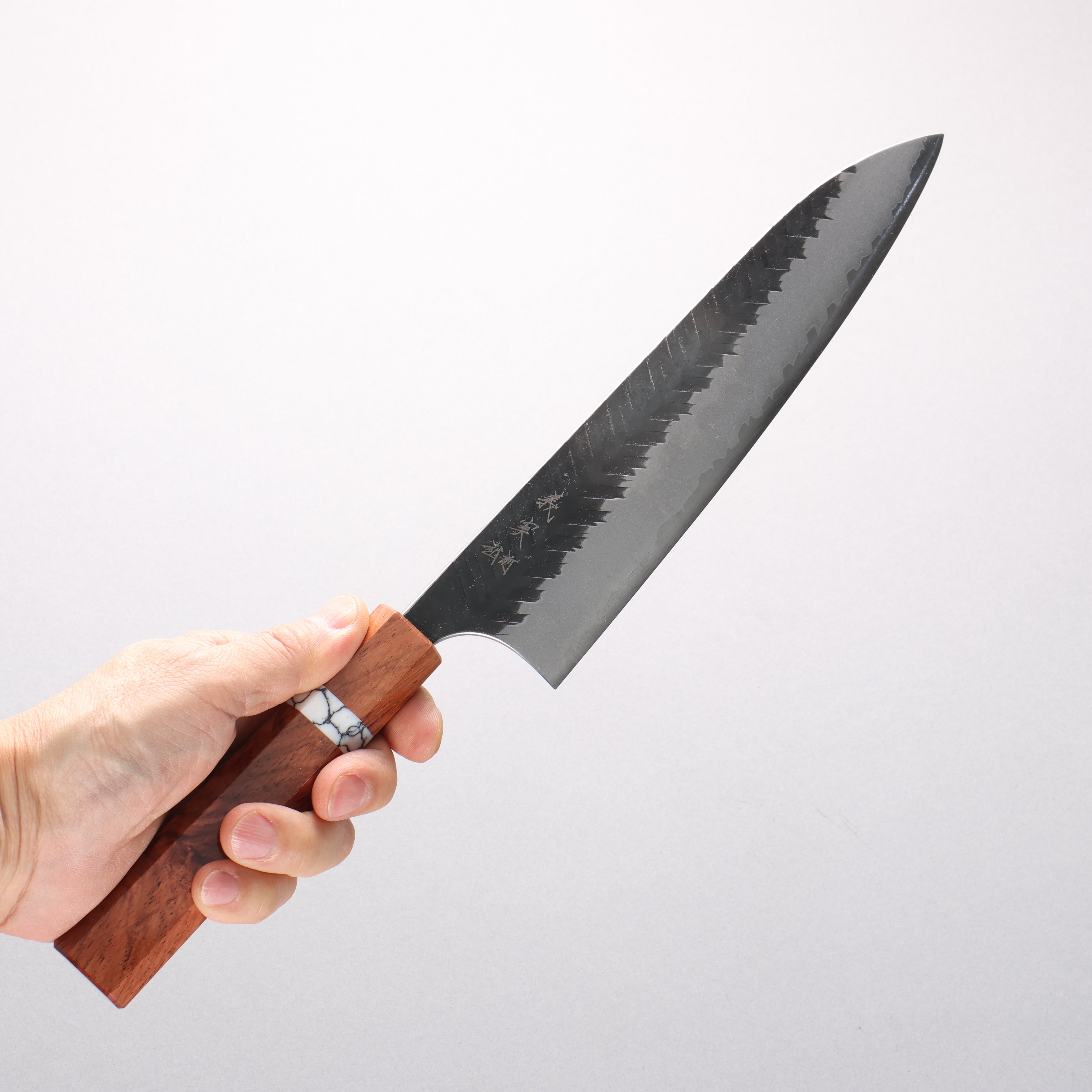 Yoshimi Kato Blue Super Kurouchi V-Hammered Gyuto 210mm Rosewood & White Turquoise Ring Handle - Seisuke Knife