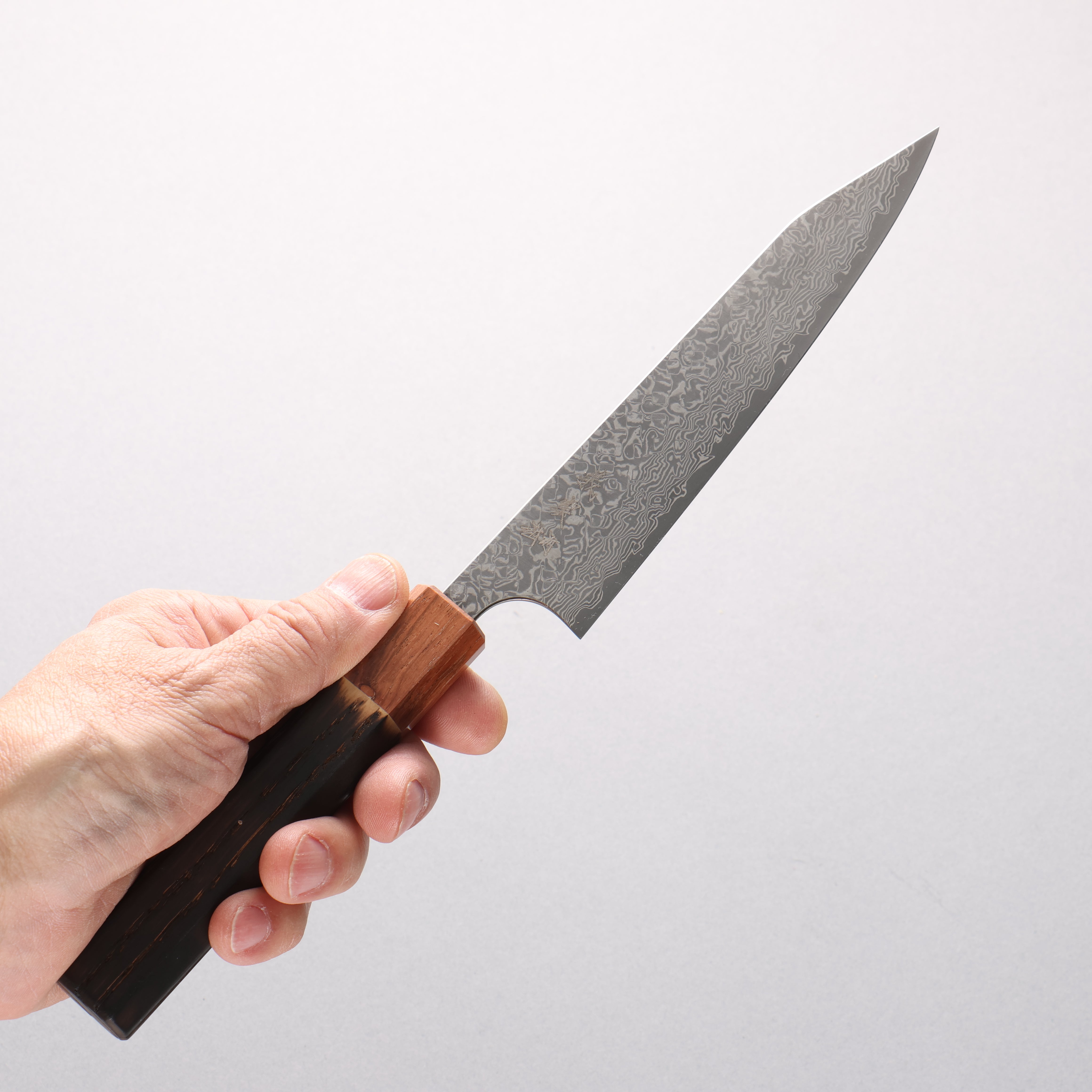 Yoshimi Kato VG10 Black Damascus Kiritsuke Petty-Utility 150mm Burnt Chestnut & Rosewood Handle - Seisuke Knife