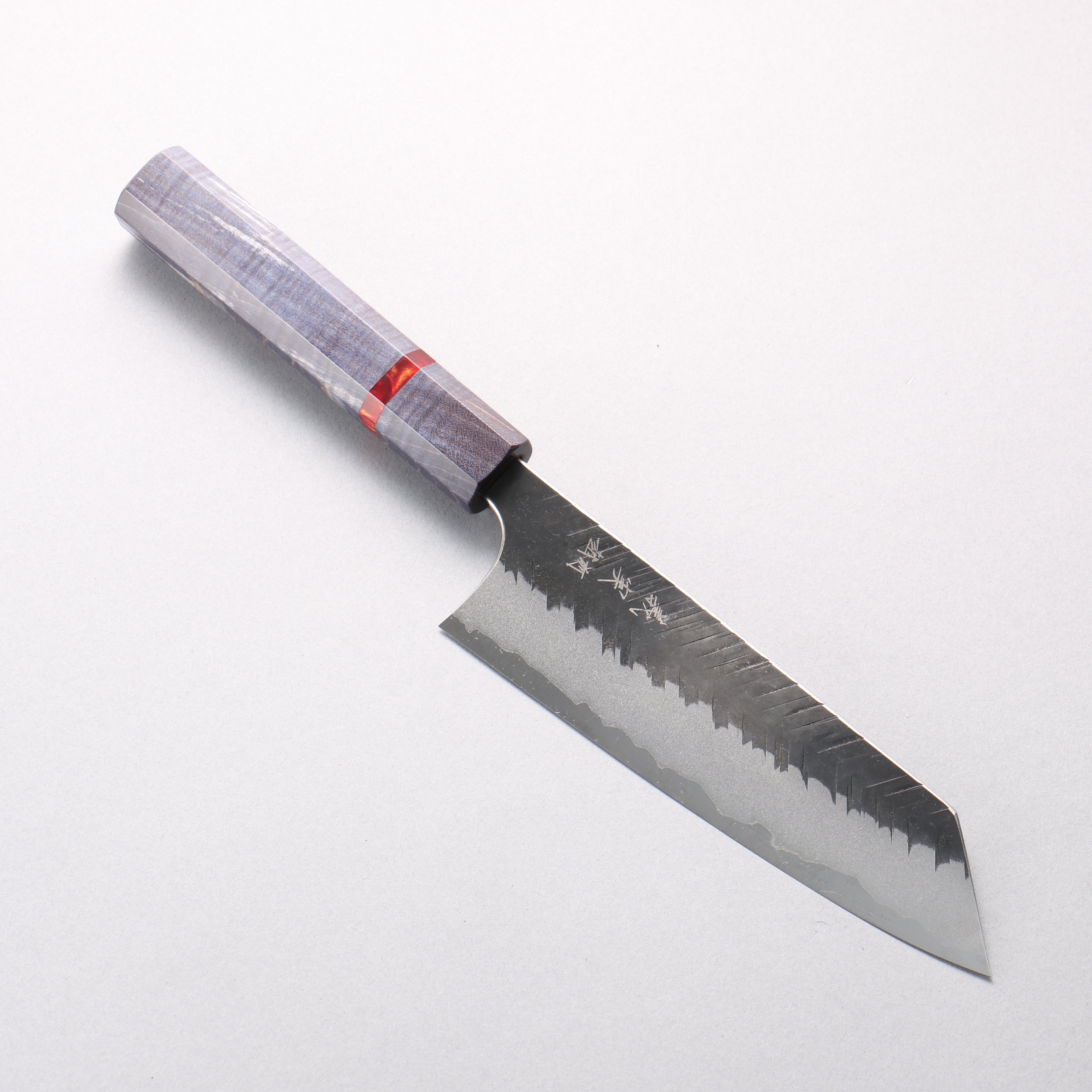 Yoshimi Kato Blue Super Kurouchi V-Hammered Bunka 170mm Blue Stabilized Wood & Red Ring Handle - Seisuke Knife