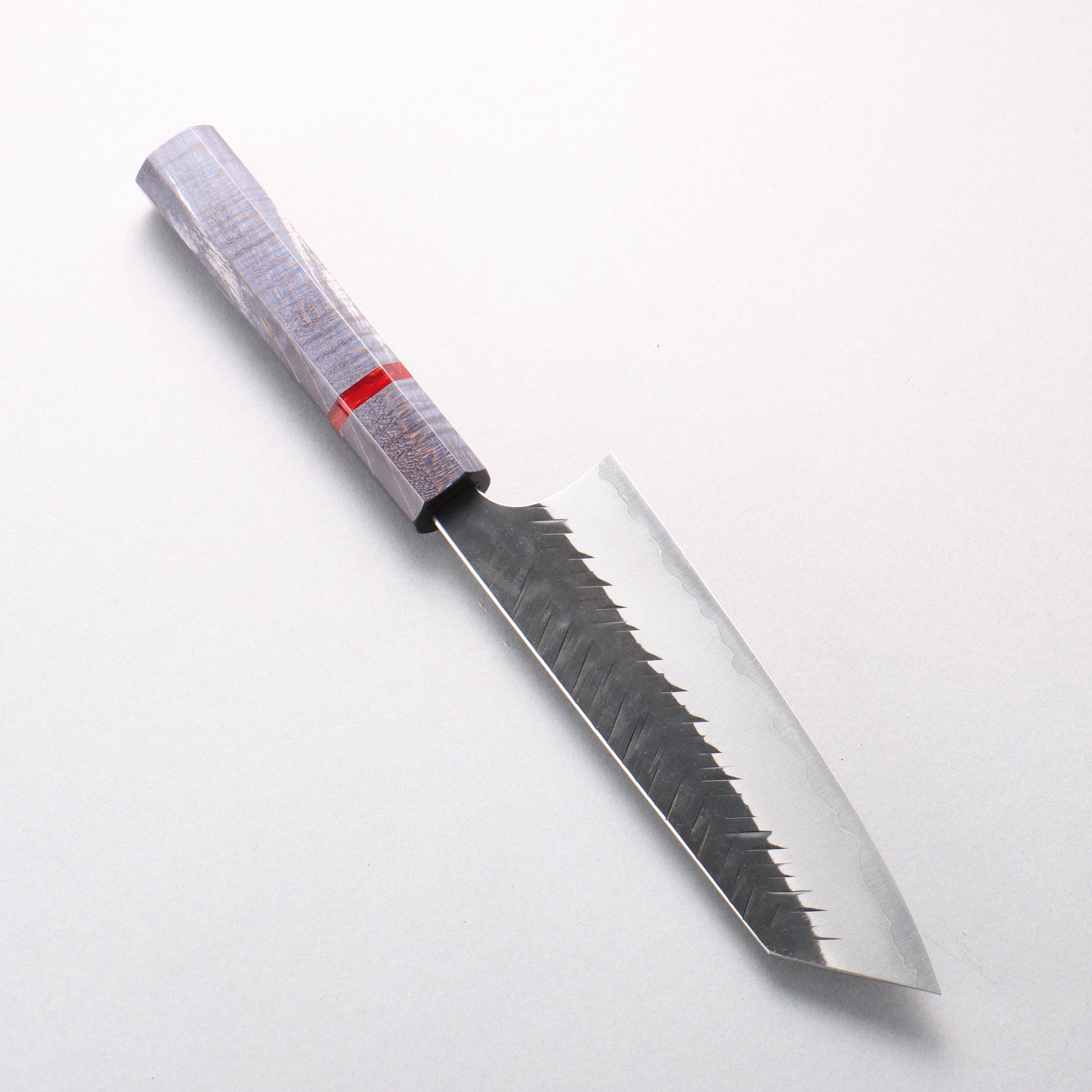 Yoshimi Kato Blue Super Kurouchi V-Hammered Bunka 170mm Blue Stabilized Wood & Red Ring Handle - Seisuke Knife
