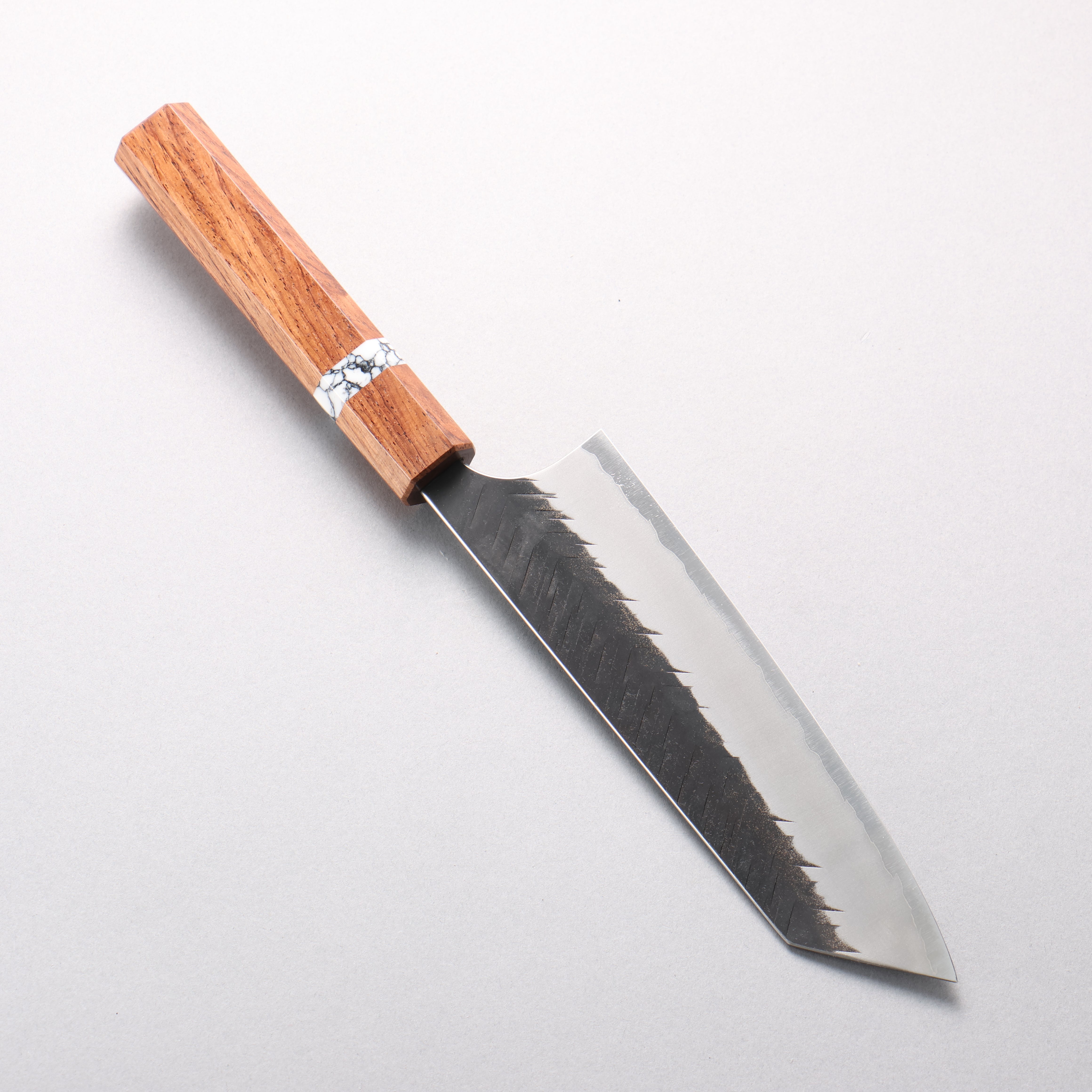 Yoshimi Kato Blue Super Kurouchi V-Hammered Bunka 170mm Rosewood & Turquoise Ring Handle - Seisuke Knife