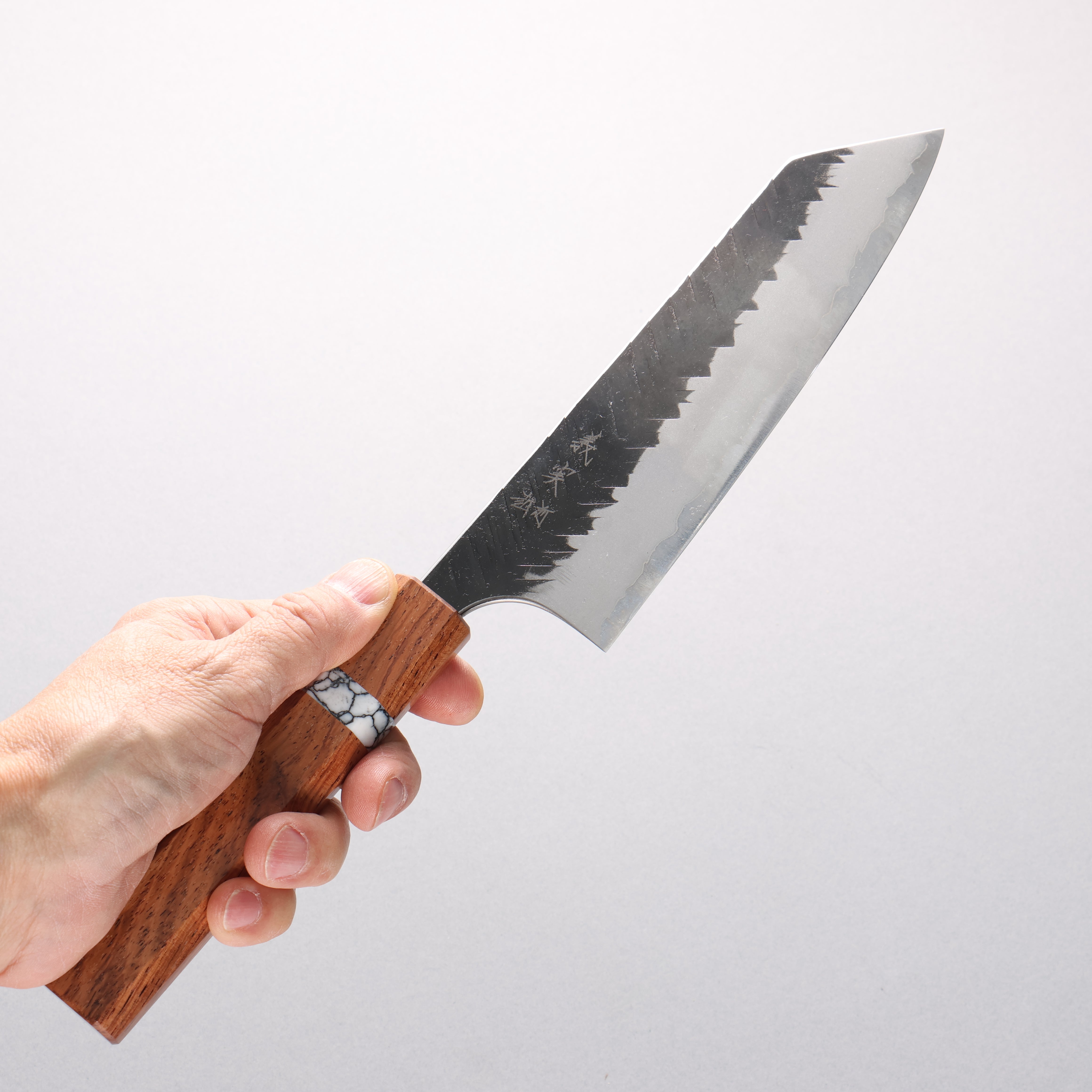 Yoshimi Kato Blue Super Kurouchi V-Hammered Bunka 170mm Rosewood & Turquoise Ring Handle - Seisuke Knife