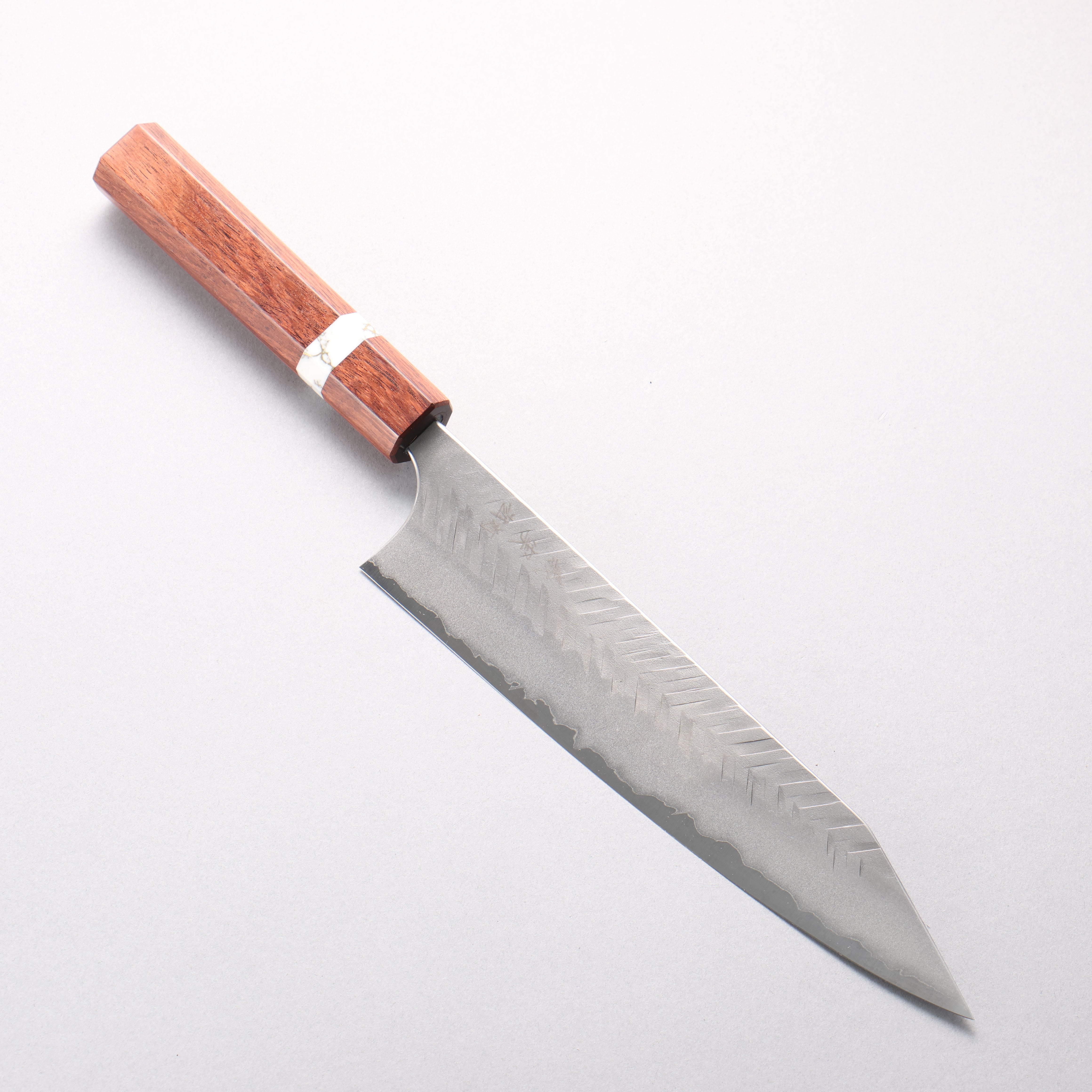 Yoshimi Kato Blue Super Nashiji V-Hammered Kiritsuke Gyuto 210mm Rosewood & White Turquoise Ring Handle - Seisuke Knife