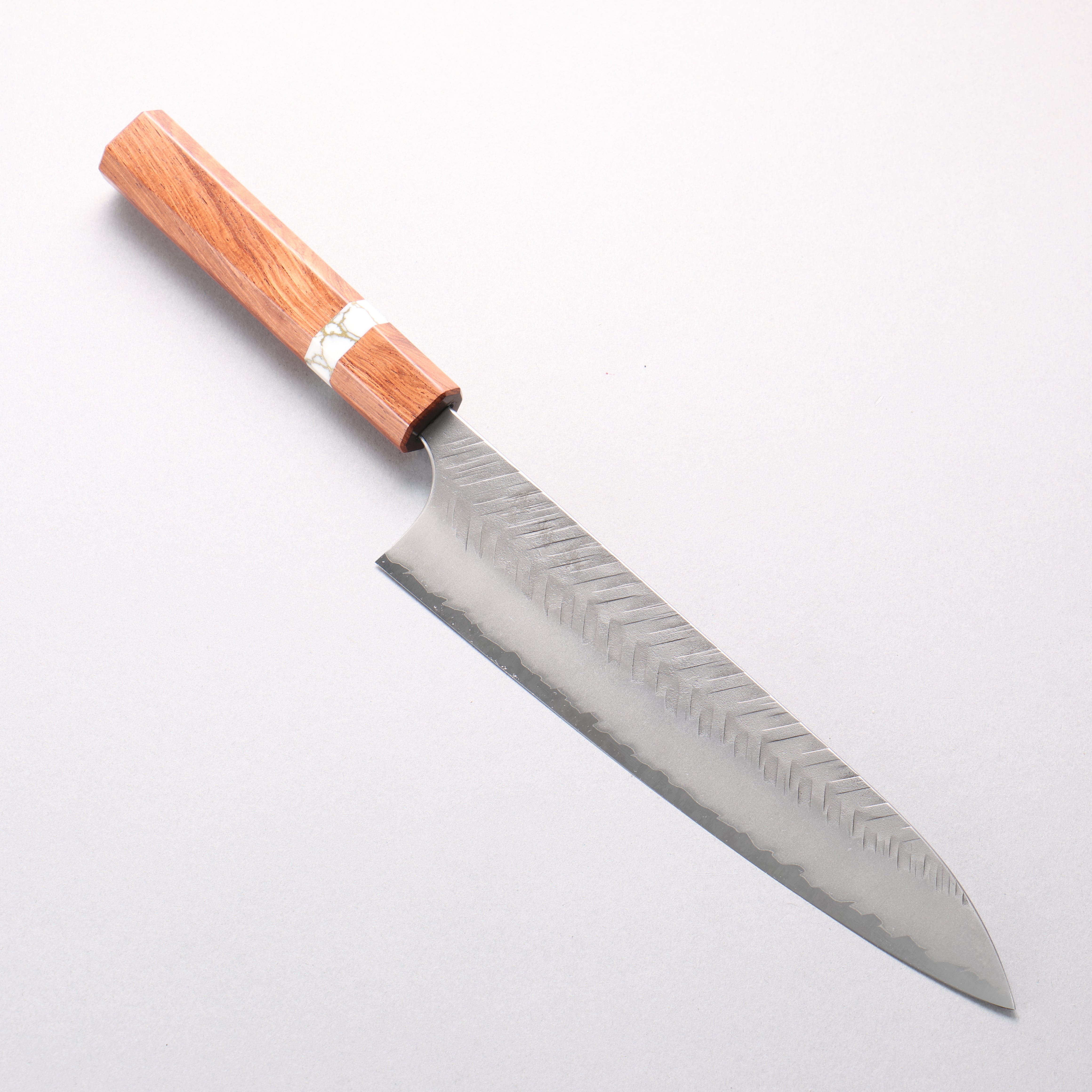 Yoshimi Kato Blue Super Nashiji V-Hammered Gyuto 210mm Rosewood & White Turquoise Ring Handle - Seisuke Knife