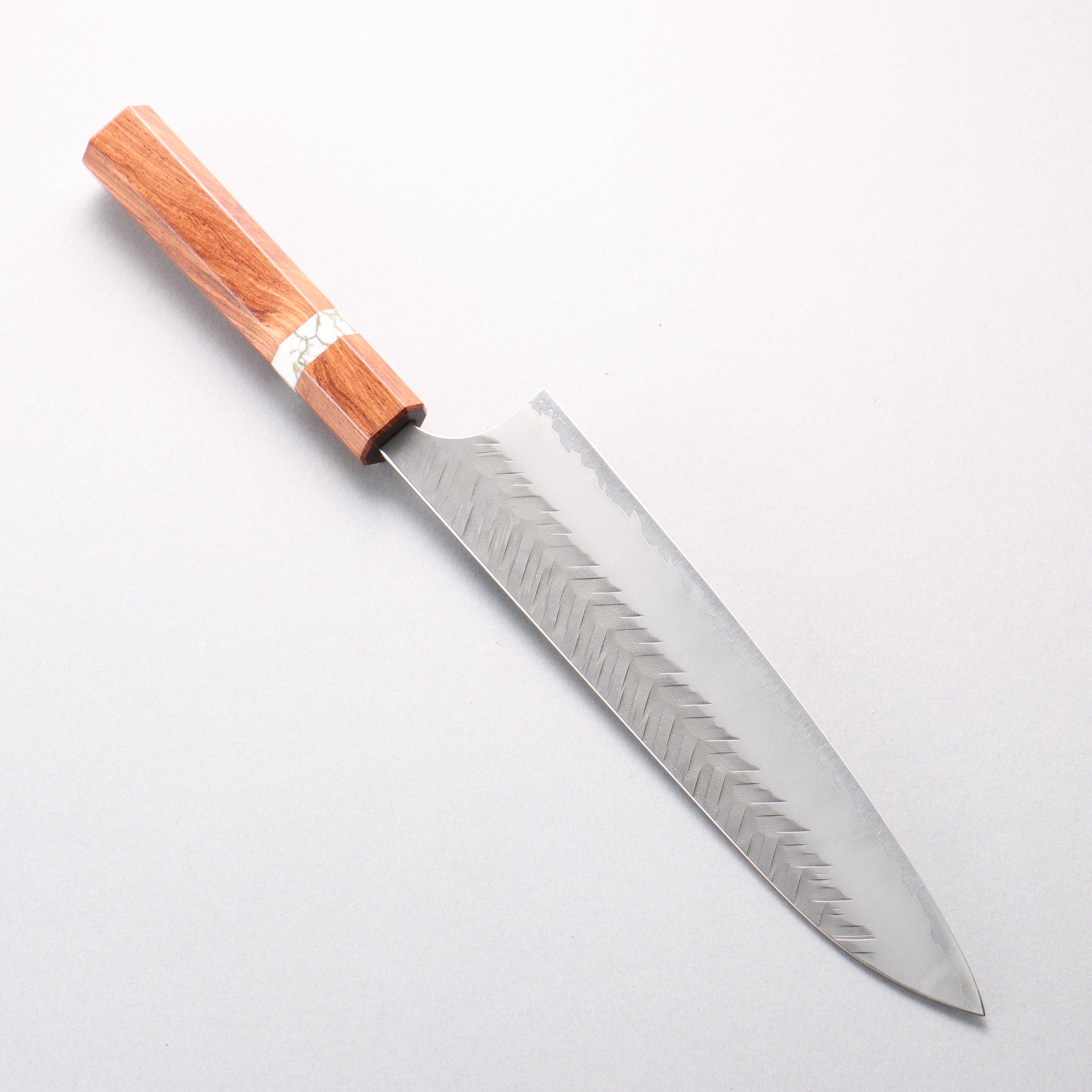 Yoshimi Kato Blue Super Nashiji V-Hammered Gyuto 210mm Rosewood & White Turquoise Ring Handle - Seisuke Knife