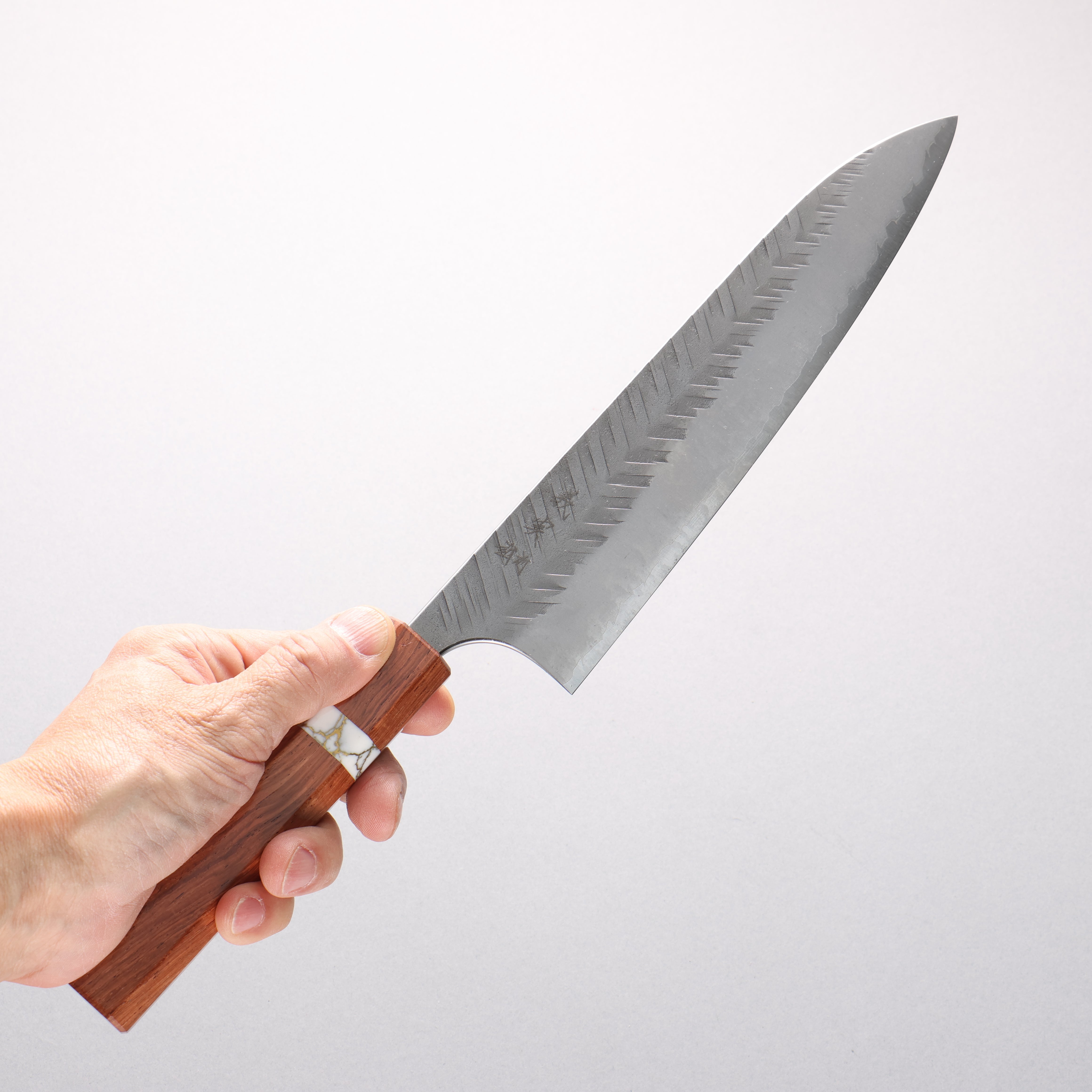 Yoshimi Kato Blue Super Nashiji V-Hammered Gyuto 210mm Rosewood & White Turquoise Ring Handle - Seisuke Knife