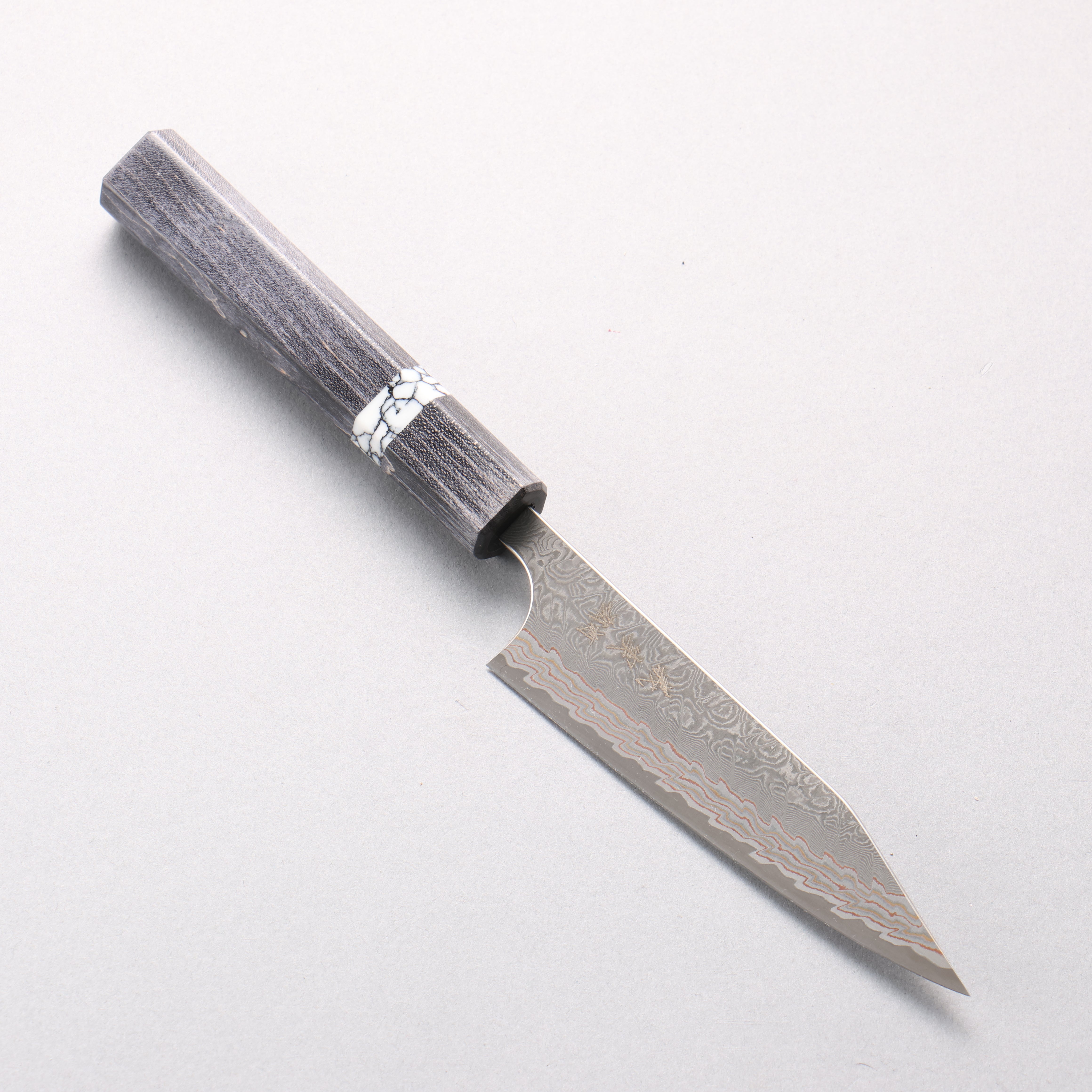 Yoshimi Kato VG10w Colored Damascus Kiritsuke Petty-Utility 120mm Black Stabilized Wood & White Turquoise Ring Handle - Seisuke Knife
