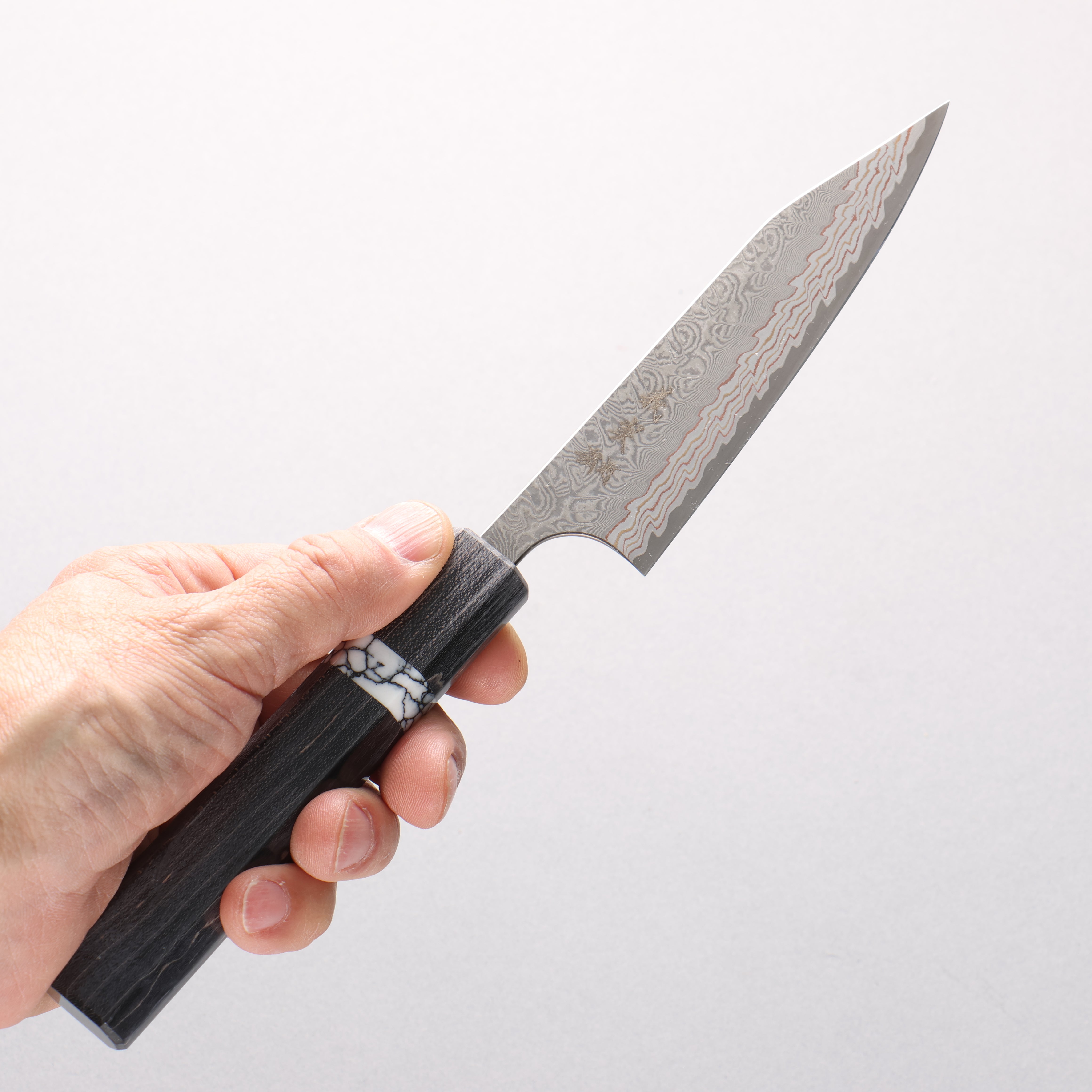Yoshimi Kato VG10w Colored Damascus Kiritsuke Petty-Utility 120mm Black Stabilized Wood & White Turquoise Ring Handle - Seisuke Knife