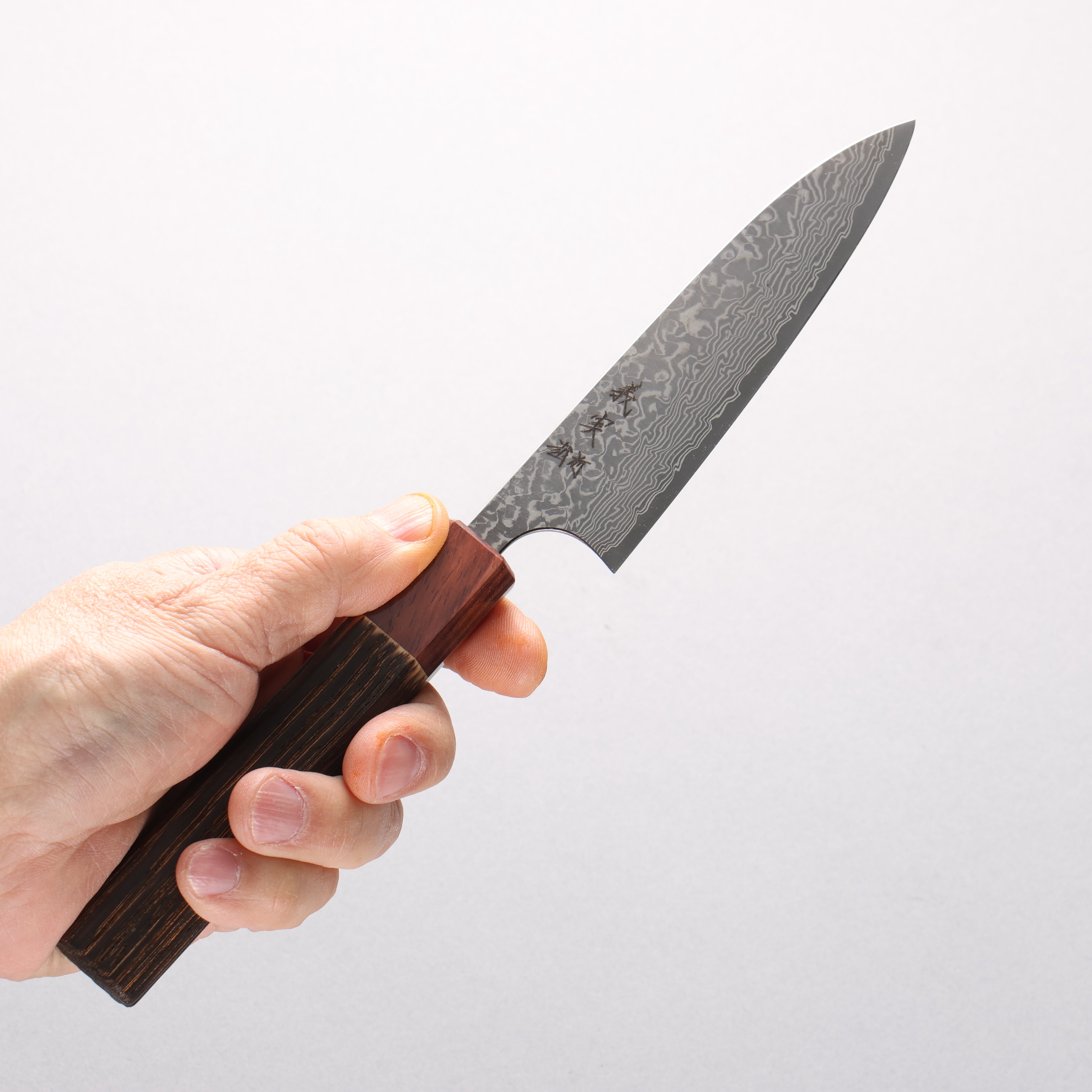 Yoshimi Kato VG10 Black Damascus Petty-Utility 120mm Burnt Chestnut & Shitan Handle - Seisuke Knife