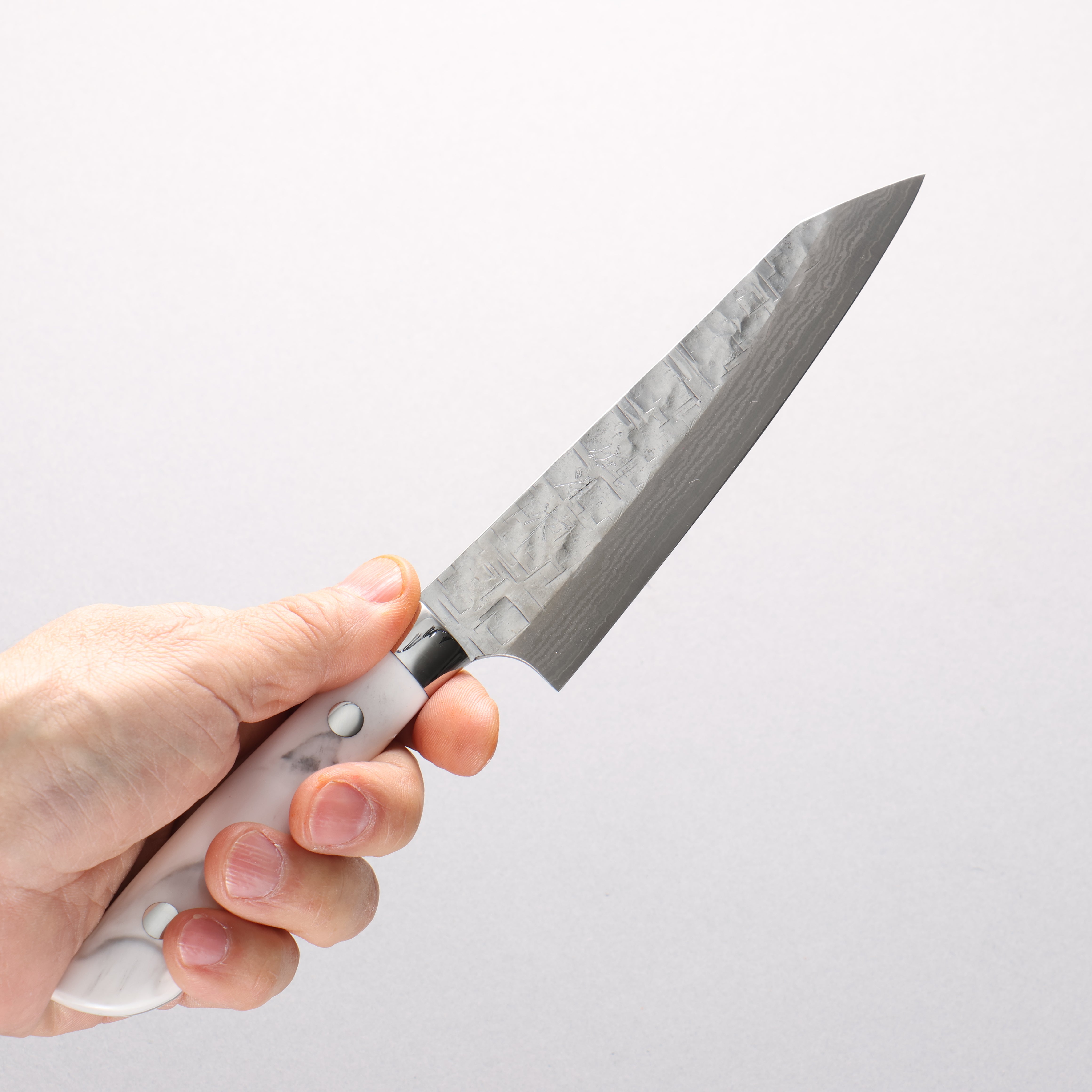 Takeshi Saji SRS13 Hammered Damascus Cross Kiritsuke Petty-Utility 130mm Cloud Pattern Corian Handle - Seisuke Knife
