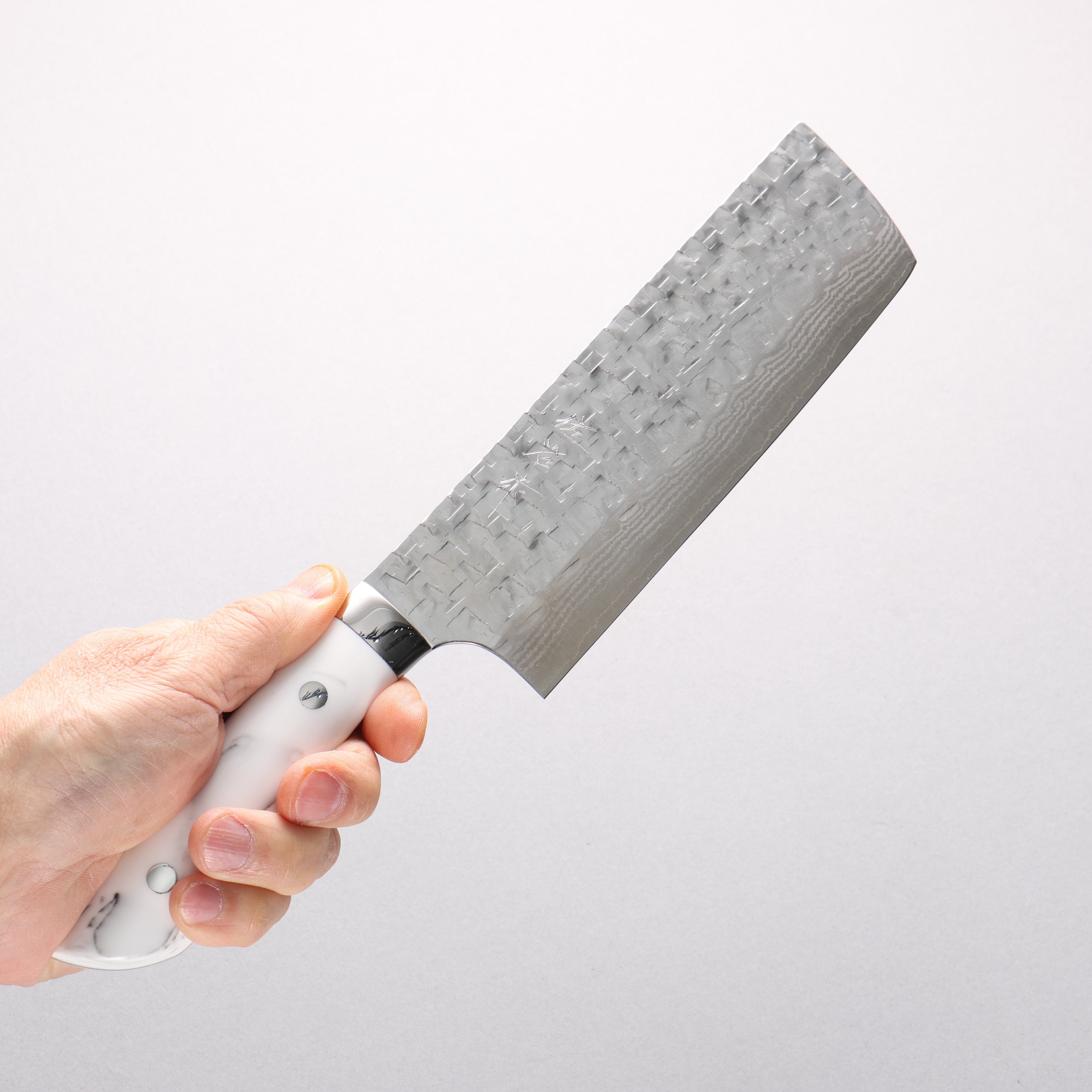 Takeshi Saji SRS13 Hammered Damascus Cross Nakiri 165mm Cloud Pattern Corian Handle - Seisuke Knife