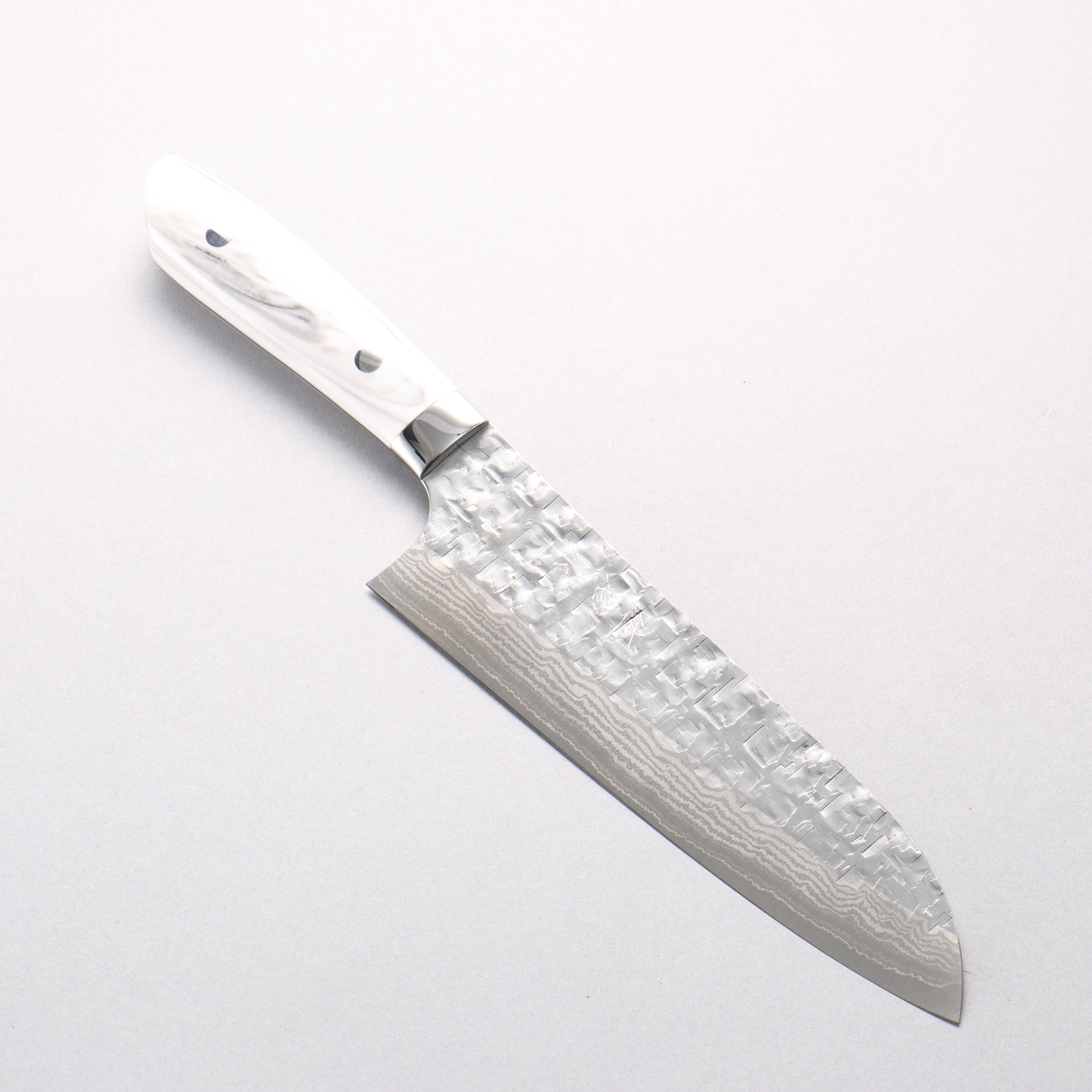 Takeshi Saji SRS13 Hammered Damascus Cross Santoku 180mm Cloud Pattern Corian Handle - Seisuke Knife