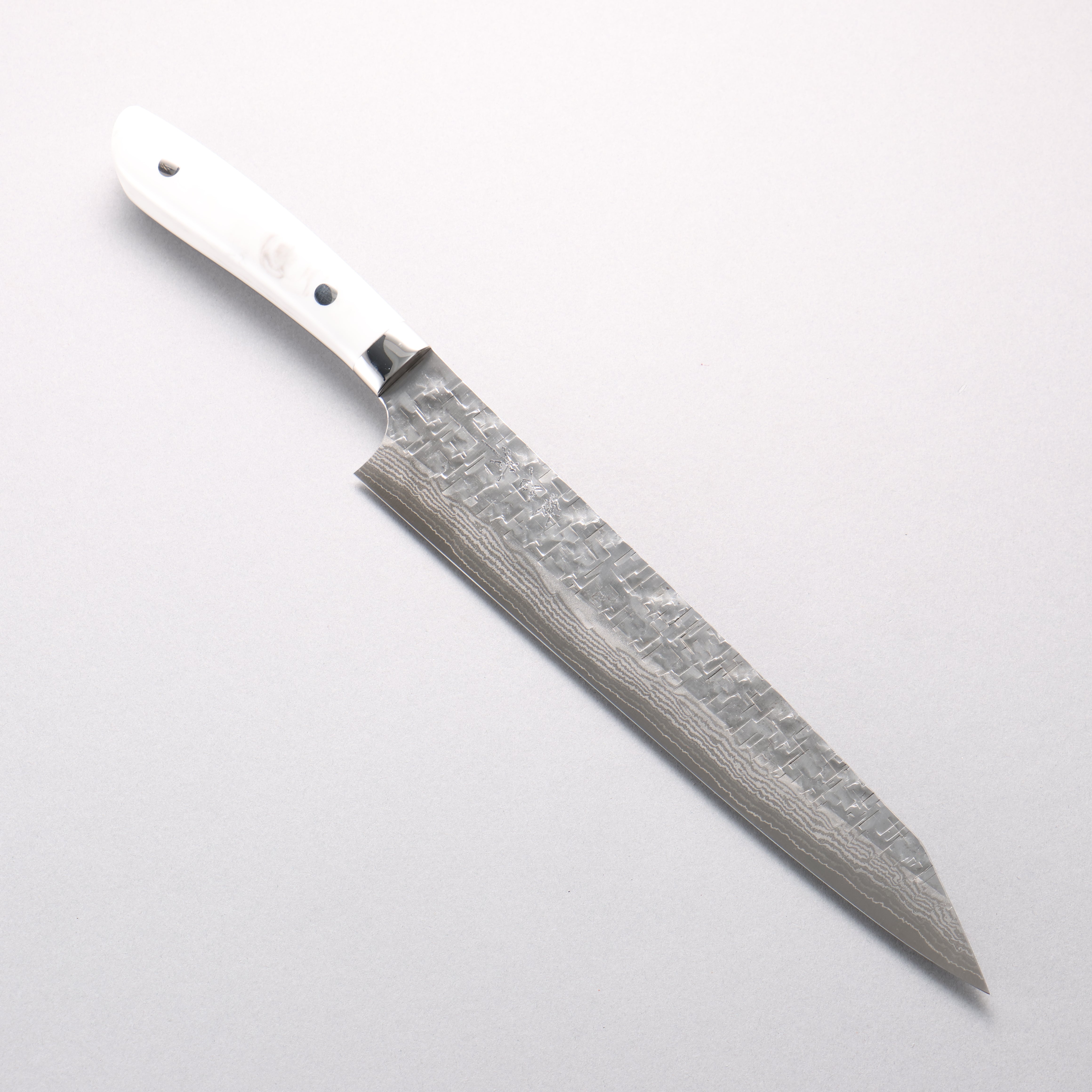 Takeshi Saji SRS13 Hammered Damascus Cross Kiritsuke Sujihiki 240mm Cloud Pattern Corian Handle - Seisuke Knife