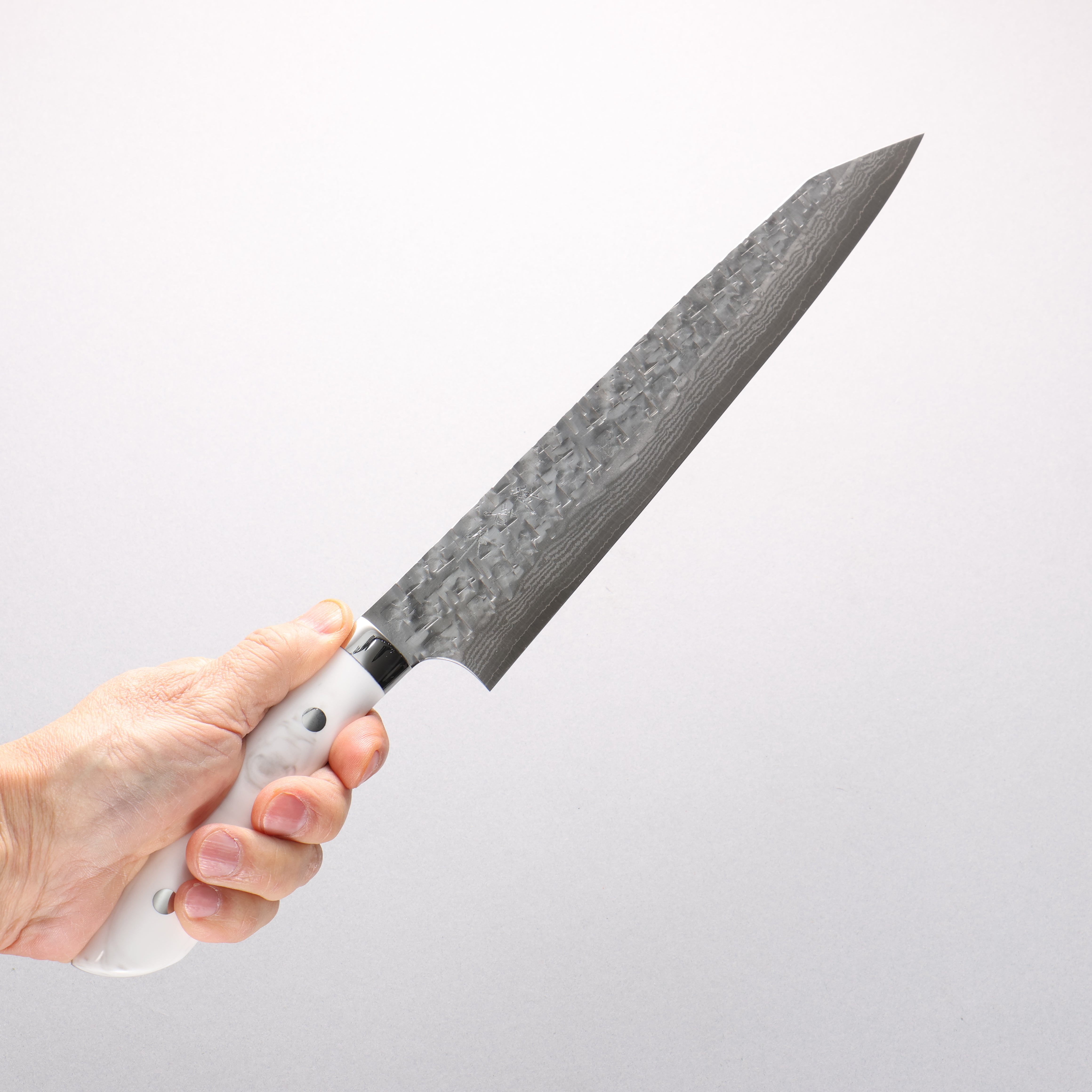 Takeshi Saji SRS13 Hammered Damascus Cross Kiritsuke Sujihiki 240mm Cloud Pattern Corian Handle - Seisuke Knife