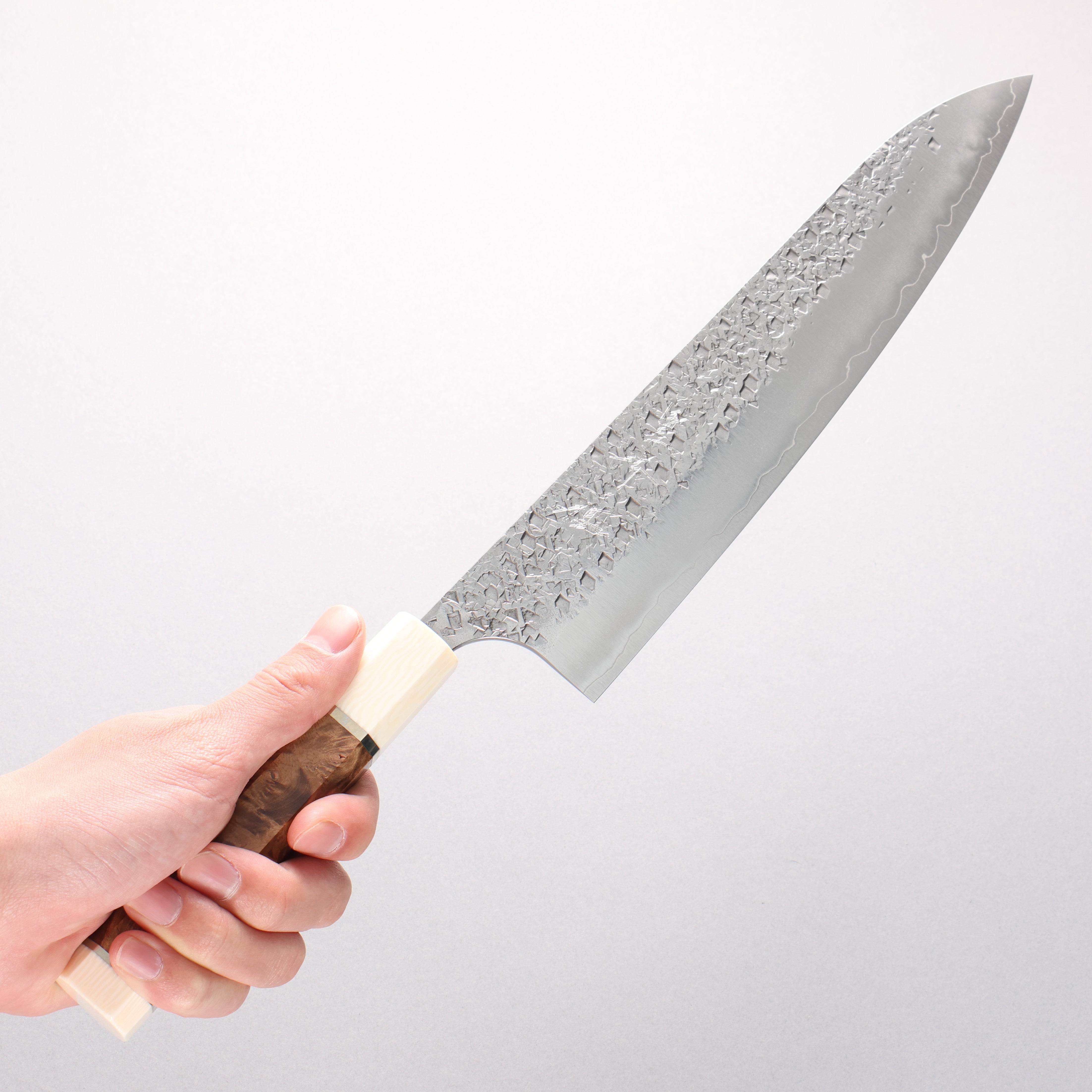 Yu Kurosaki Shizuku SG2 Hammered Gyuto 240mm Stabilized wood (Birch Burl) Handle - Seisuke Knife
