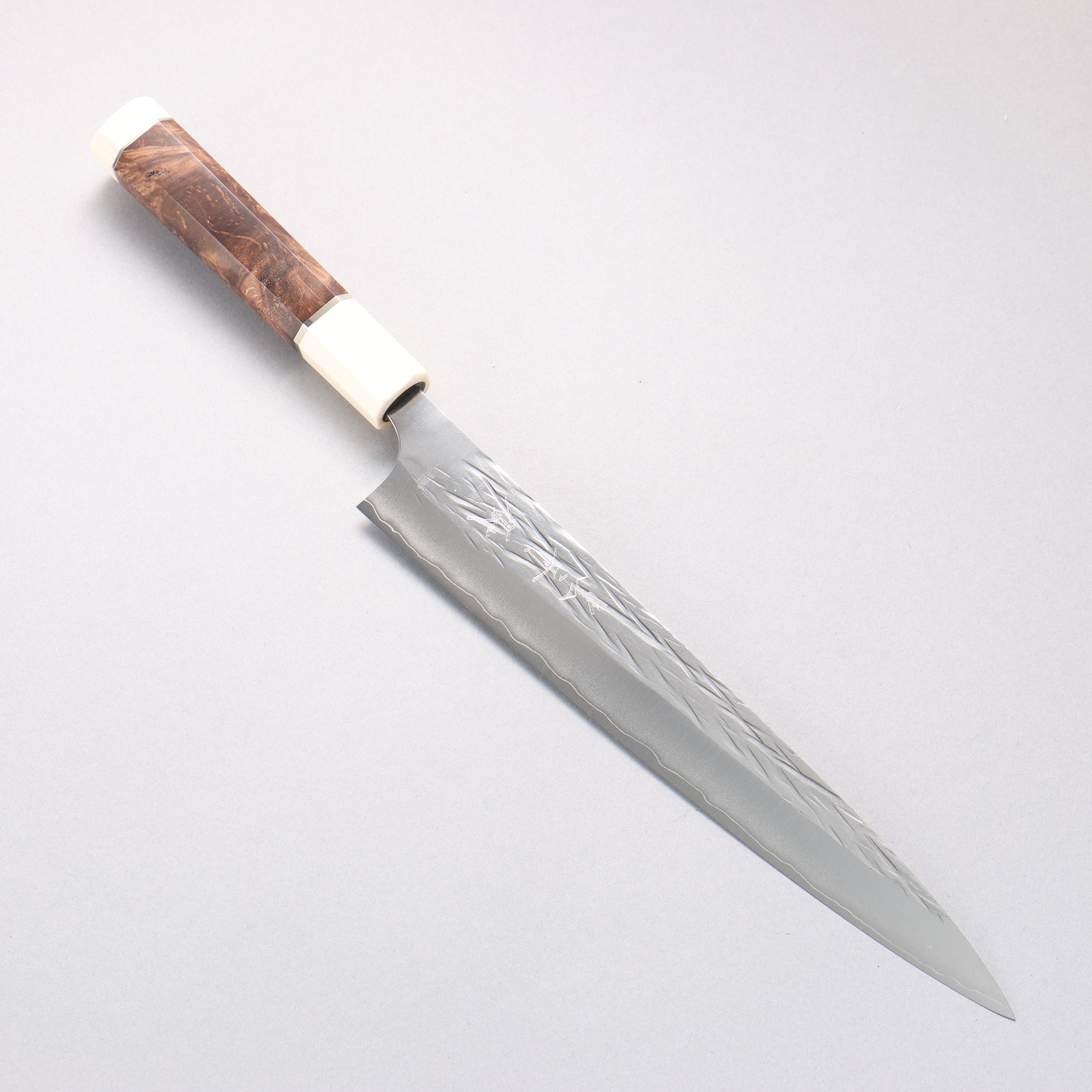 Yu Kurosaki Juhyo Cobalt Special Steel Hammered Sujihiki 240mm Chinese Quince (White Ferrule and End Cap) Handle - Seisuke Knife