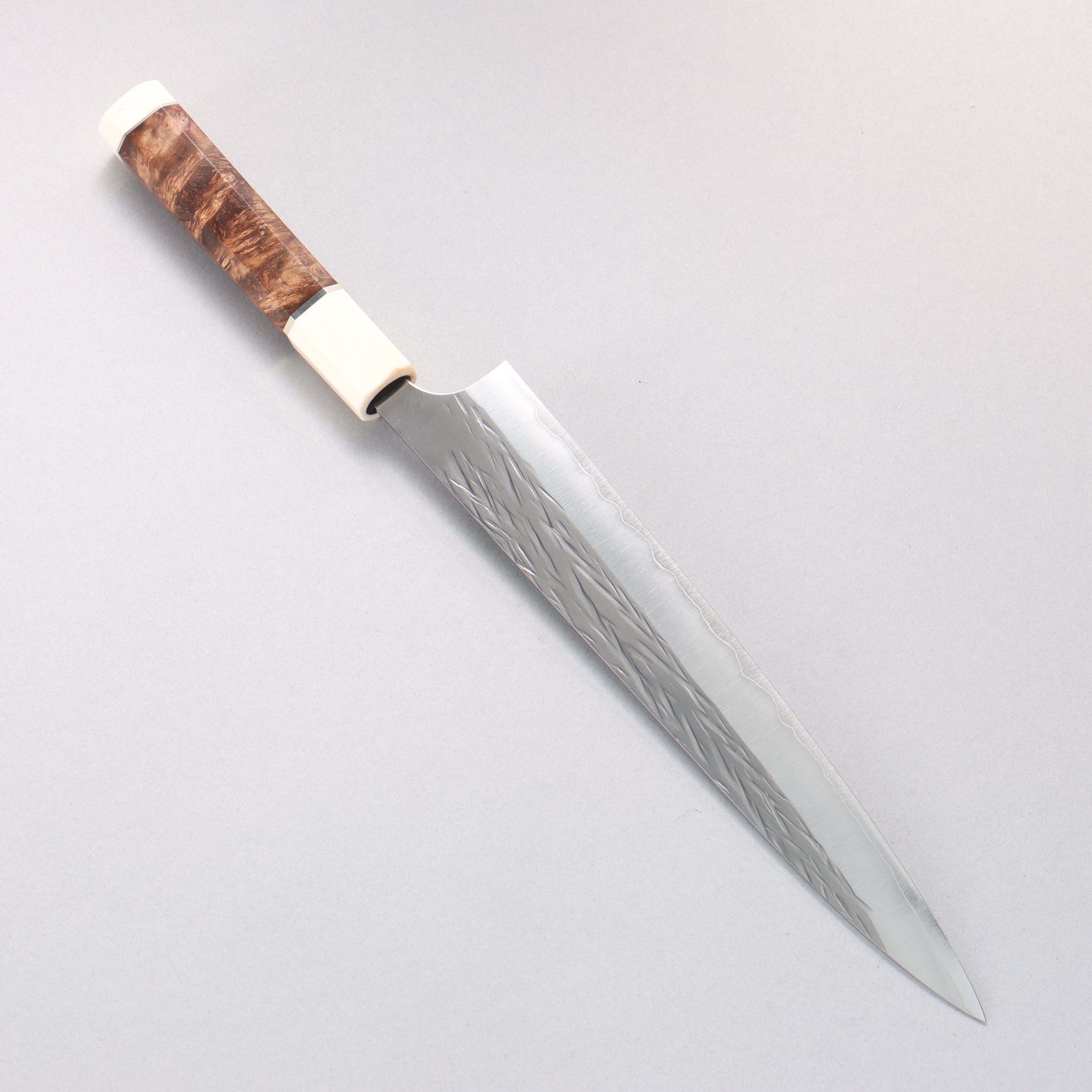 Yu Kurosaki Juhyo Cobalt Special Steel Hammered Sujihiki 240mm Chinese Quince (White Ferrule and End Cap) Handle - Seisuke Knife