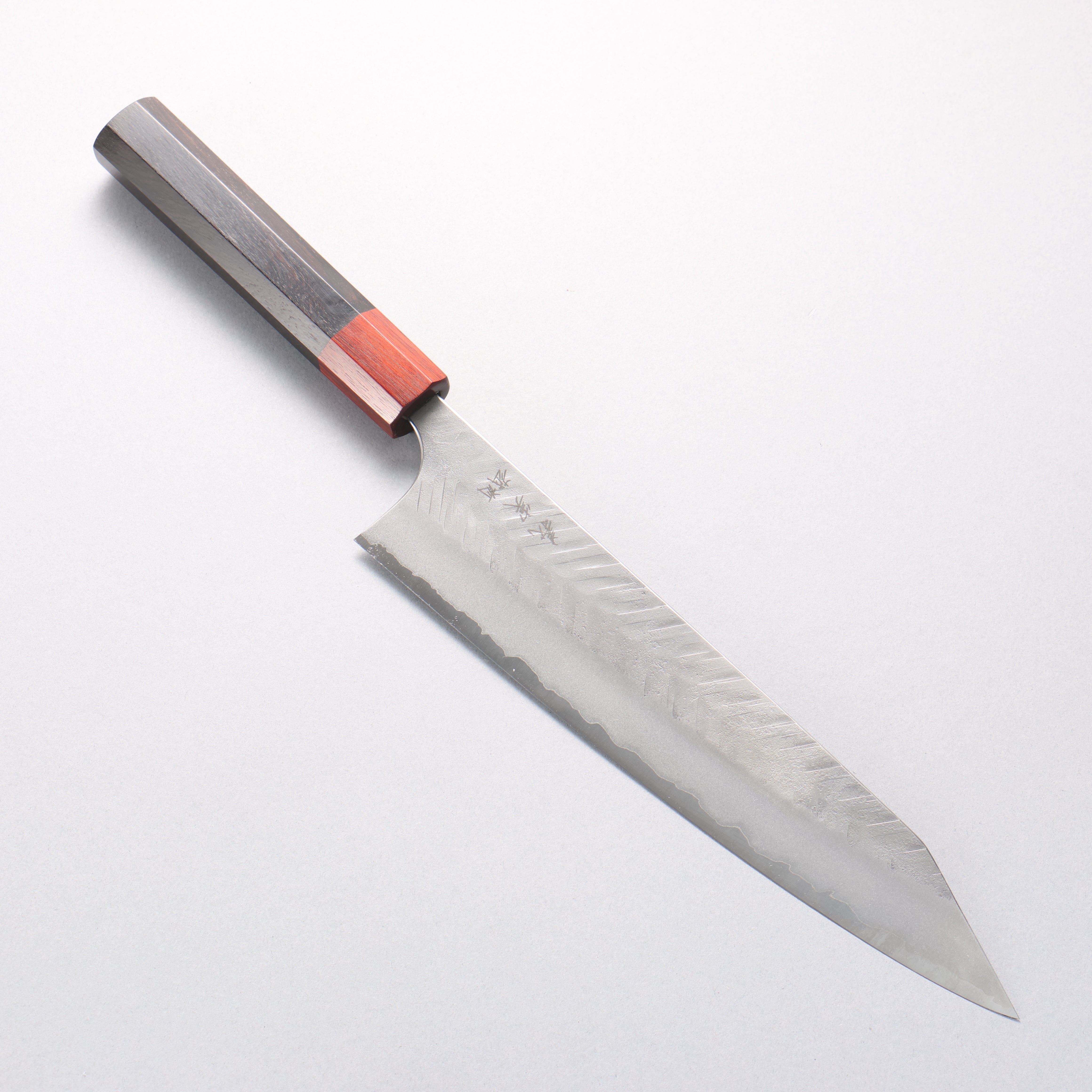 Yoshimi Kato Blue Super Nashiji V-Hammered Kiritsuke Gyuto 240mm Ebony Wood & Sandalwood Handle - Seisuke Knife