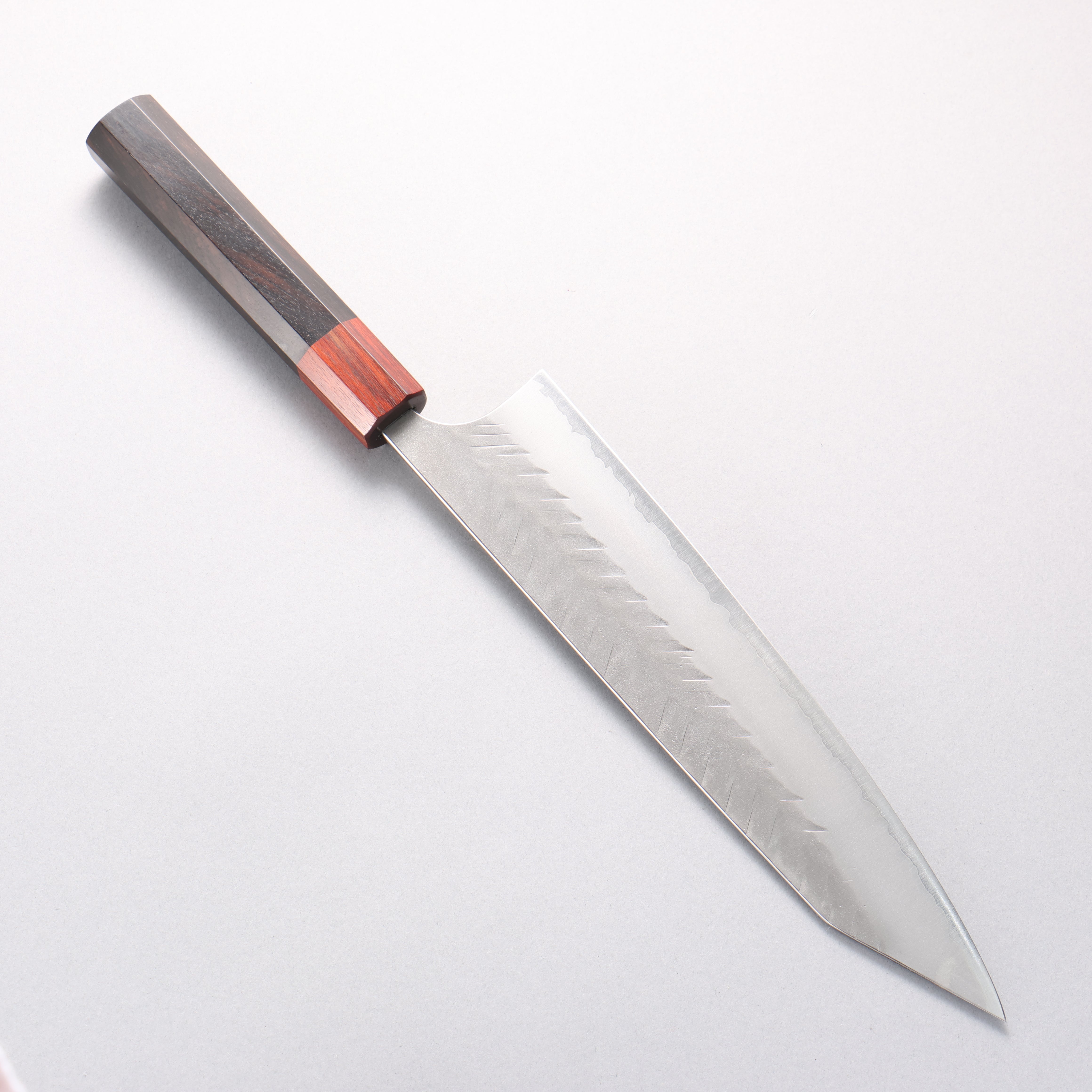 Yoshimi Kato Blue Super Nashiji V-Hammered Kiritsuke Gyuto 240mm Ebony Wood & Sandalwood Handle - Seisuke Knife