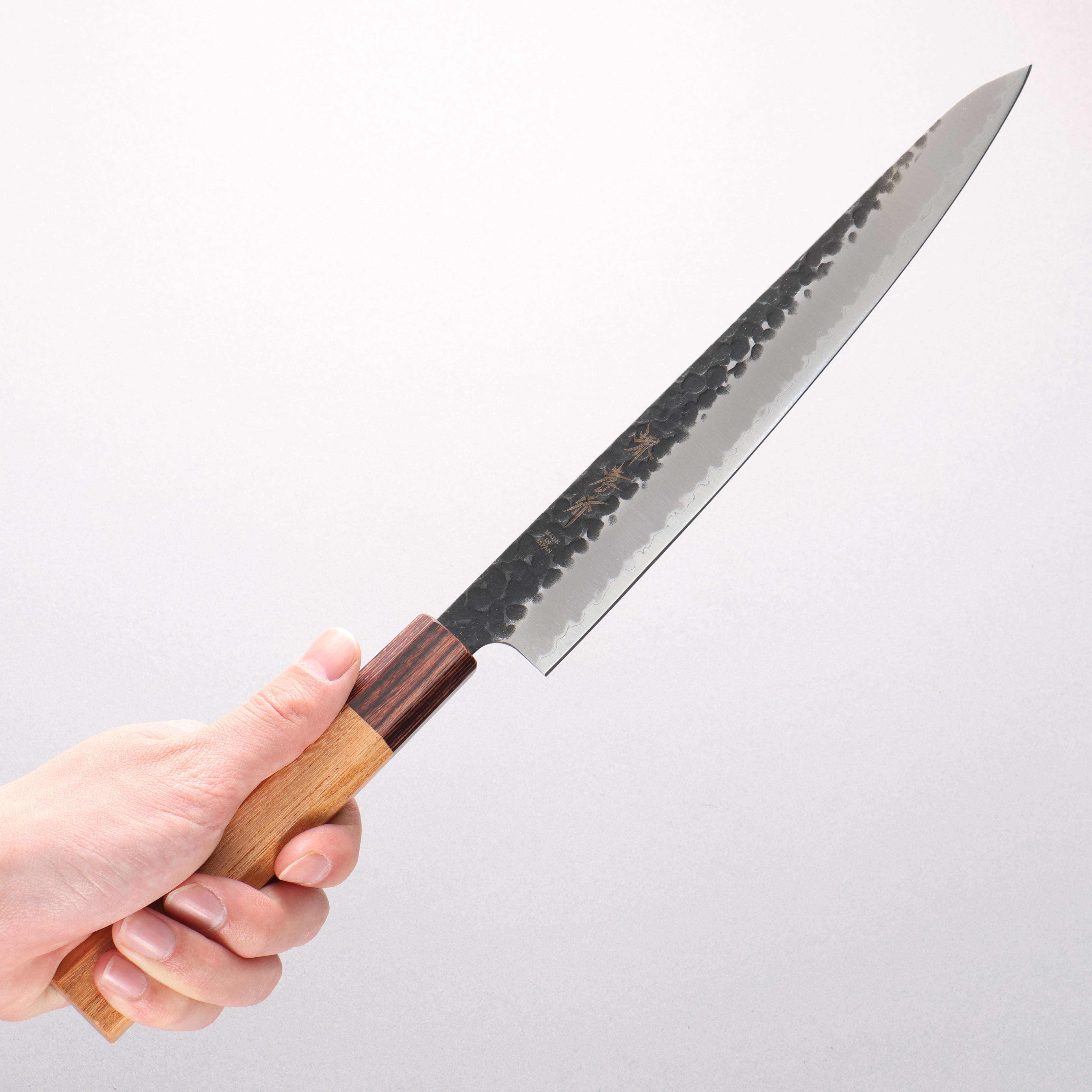 Sakai Takayuki Blue Super Hammered Kurouchi Sujihiki 240mm Keyaki Elm Handle - Seisuke Knife
