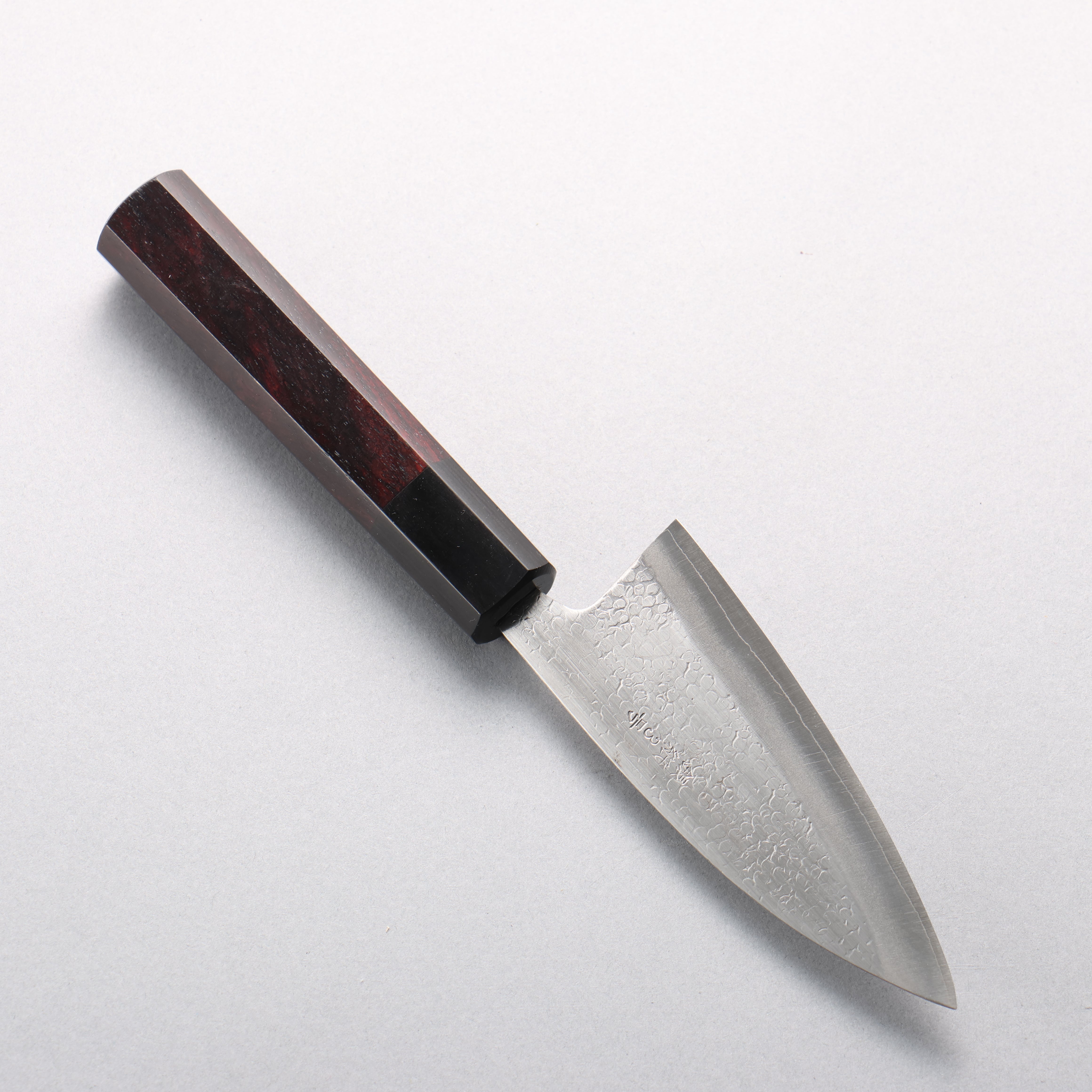 Seisuke Silver Steel No.3 Maru Hammered Ajikiri 105mm Shitan & Black Pakkawood Handle - Seisuke Knife