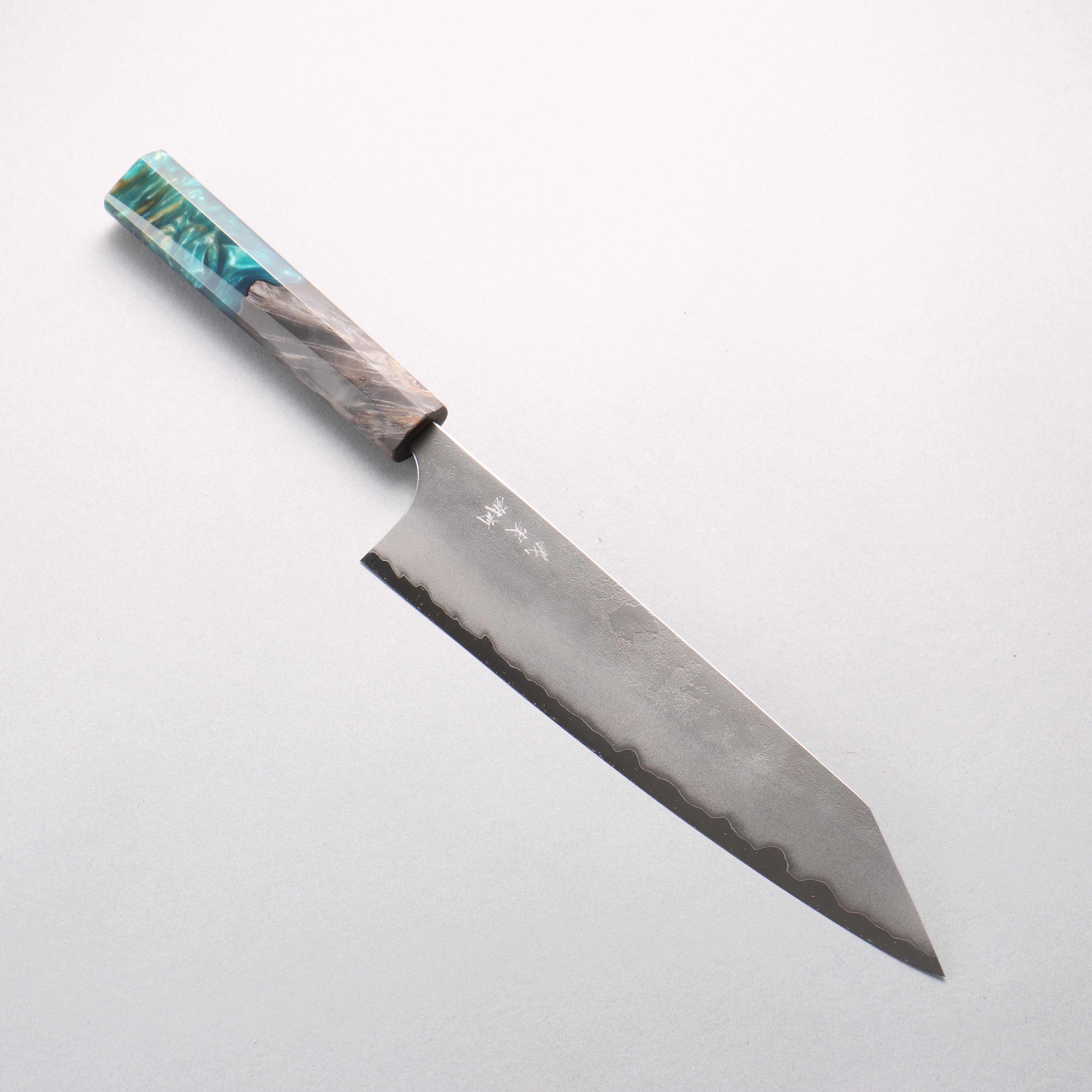 Yoshimi Kato Blue Super Nashiji Kiritsuke Gyuto 240mm Stabilized Birch & Emerald Green Resin Handle - Seisuke Knife
