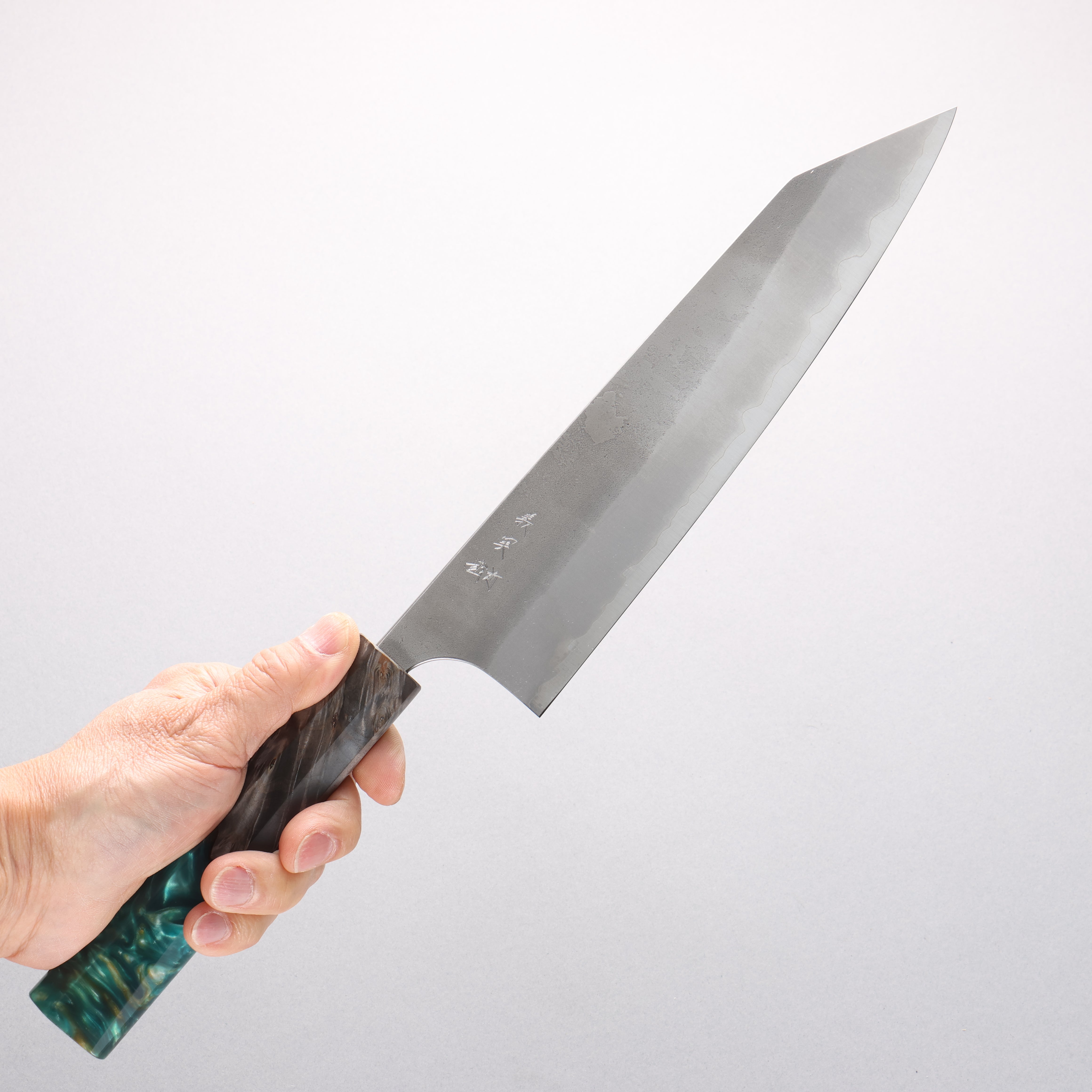 Yoshimi Kato Blue Super Nashiji Kiritsuke Gyuto 240mm Stabilized Birch & Emerald Green Resin Handle - Seisuke Knife