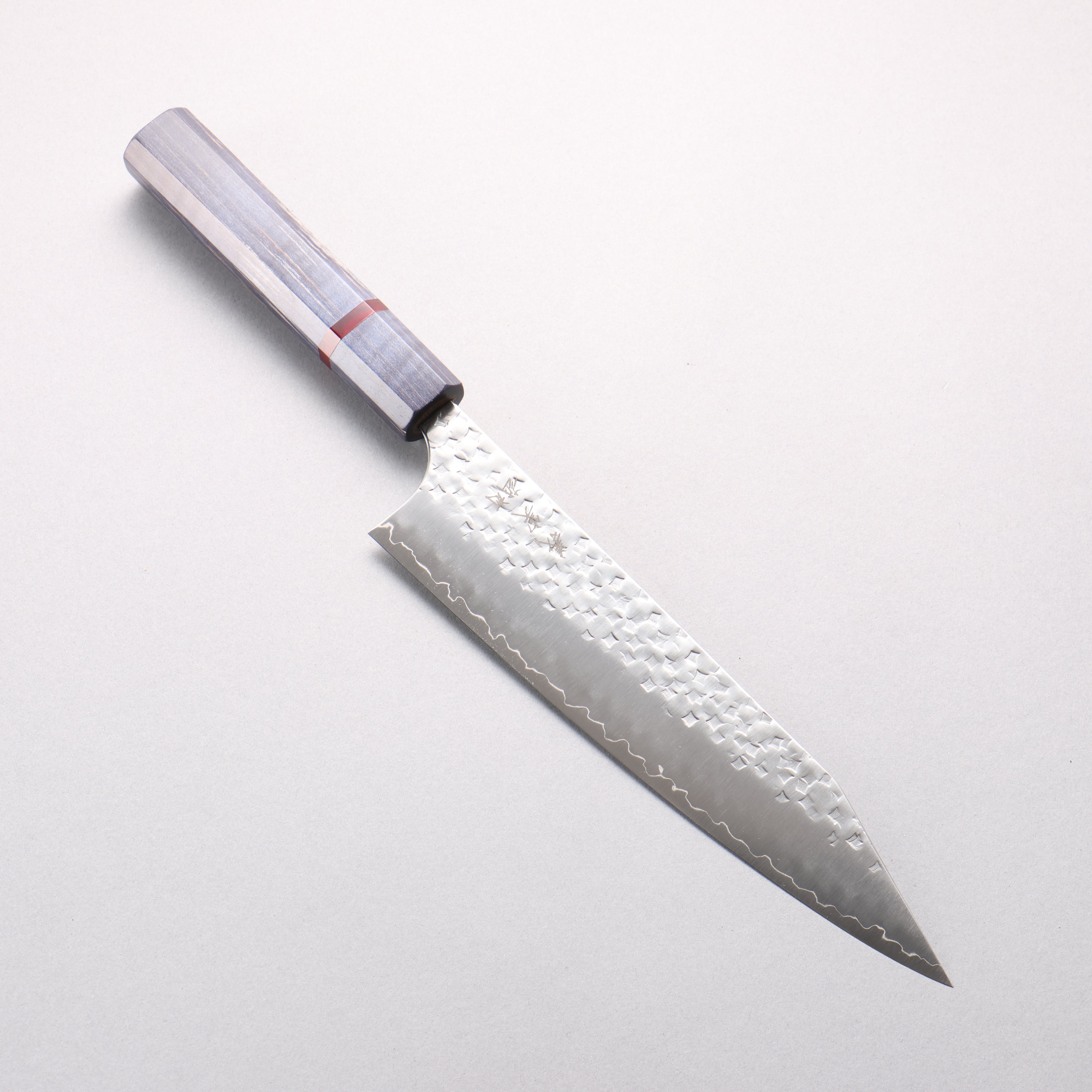 Yoshimi Kato Minamo II SPG STRIX Hammered Kiritsuke Gyuto 210mm Blue Stabilized Wood (With Red Ring) Handle - Seisuke Knife