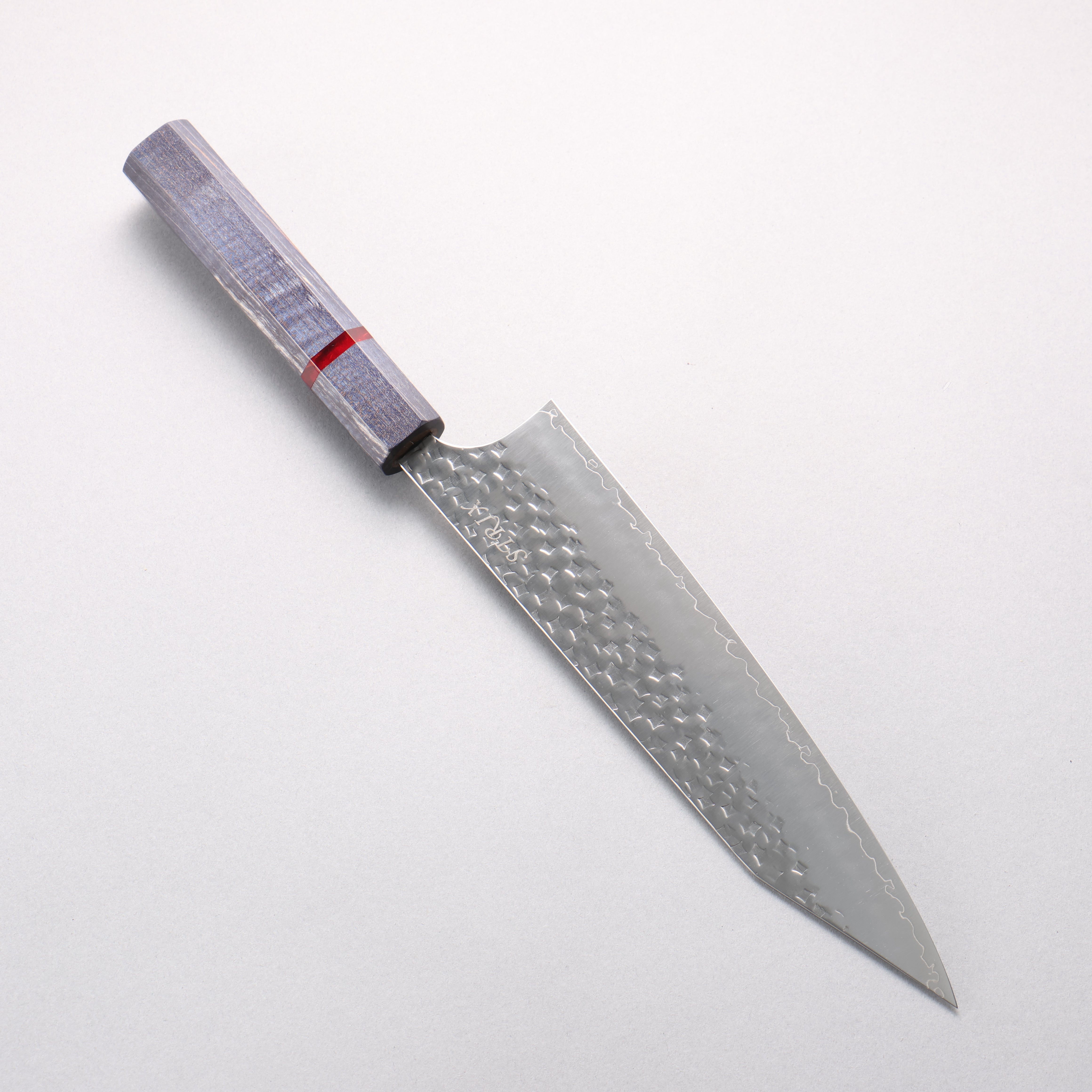 Yoshimi Kato Minamo II SPG STRIX Hammered Kiritsuke Gyuto 210mm Blue Stabilized Wood (With Red Ring) Handle - Seisuke Knife