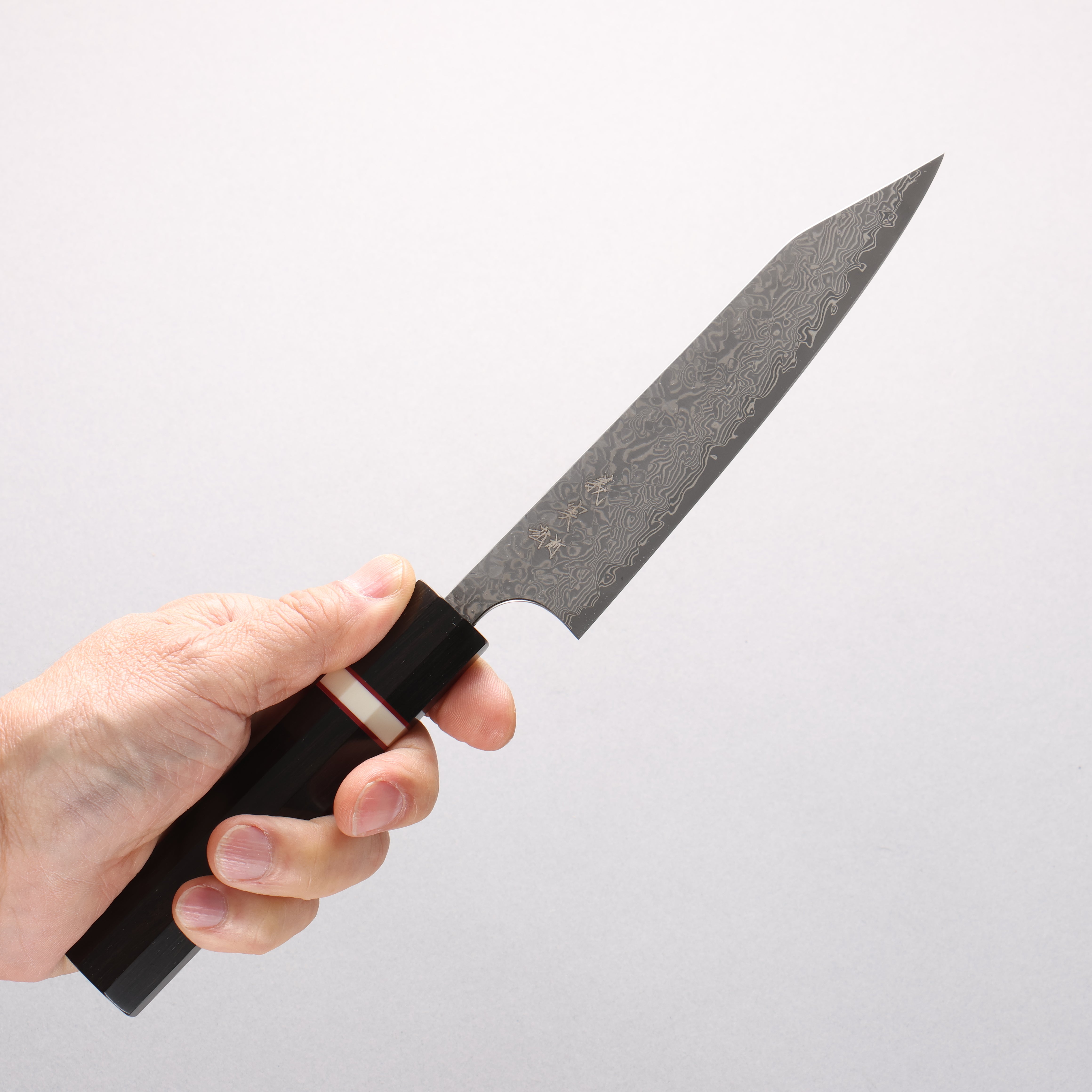 Yoshimi Kato VG10 Black Damascus Kiritsuke Petty-Utility 150mm Ebony Wood & White Ring Handle - Seisuke Knife