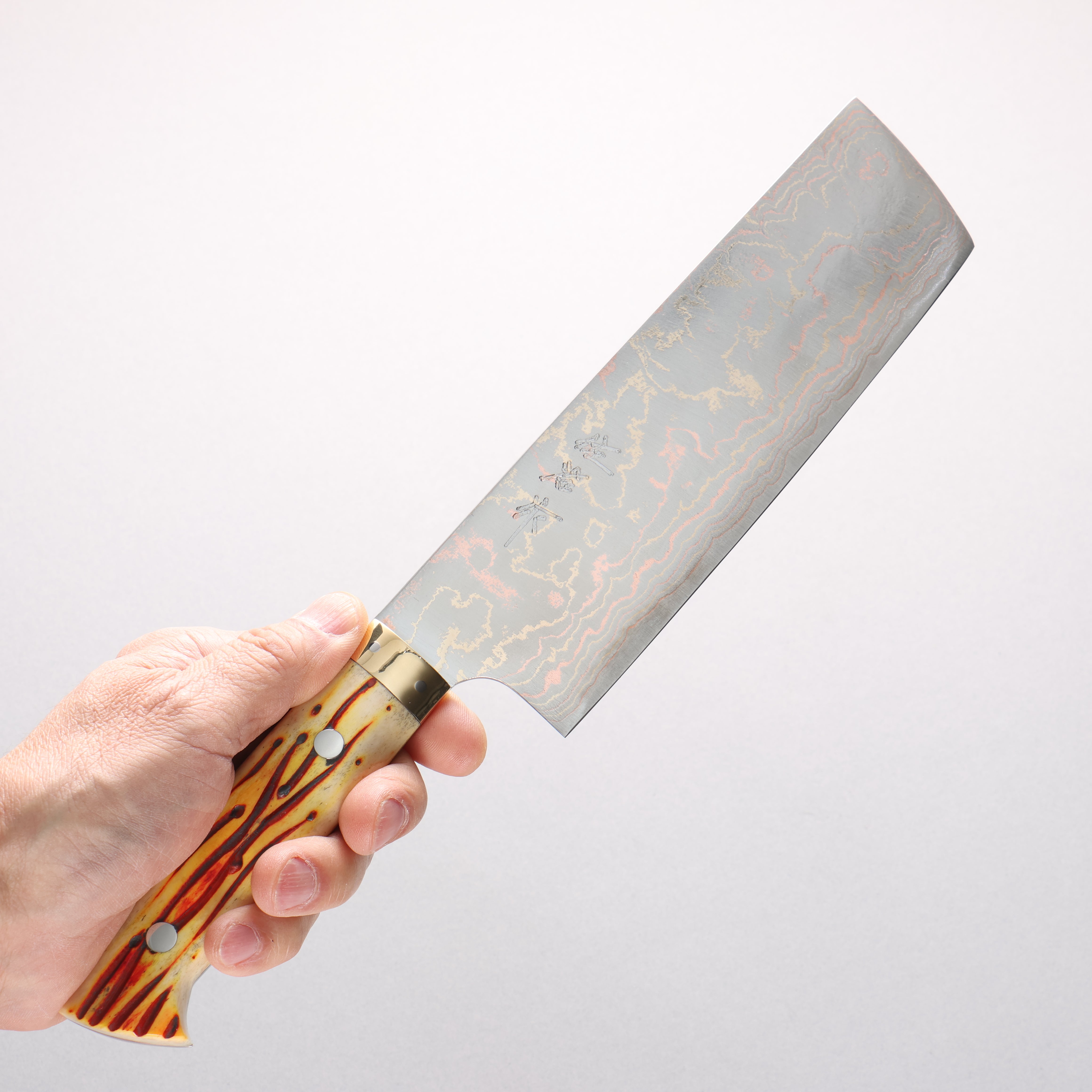 Takeshi Saji Blue Steel No.2 Colored Damascus Nakiri 165mm Orange Cow Bone Handle - Seisuke Knife