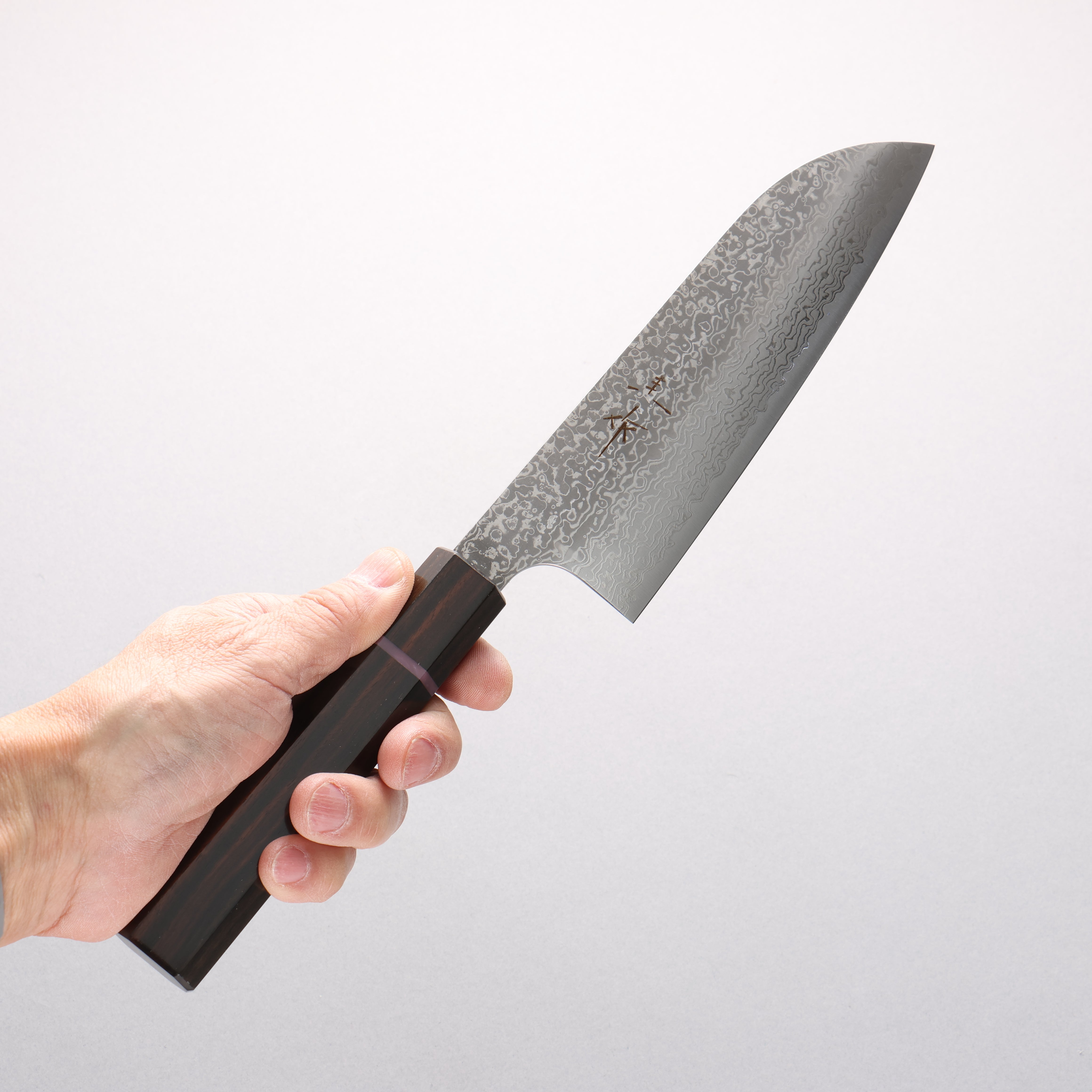 Kei Kobayashi SG2 Damascus Santoku 170mm Striped Ebony Wood & Pink Ring Handle - Seisuke Knife