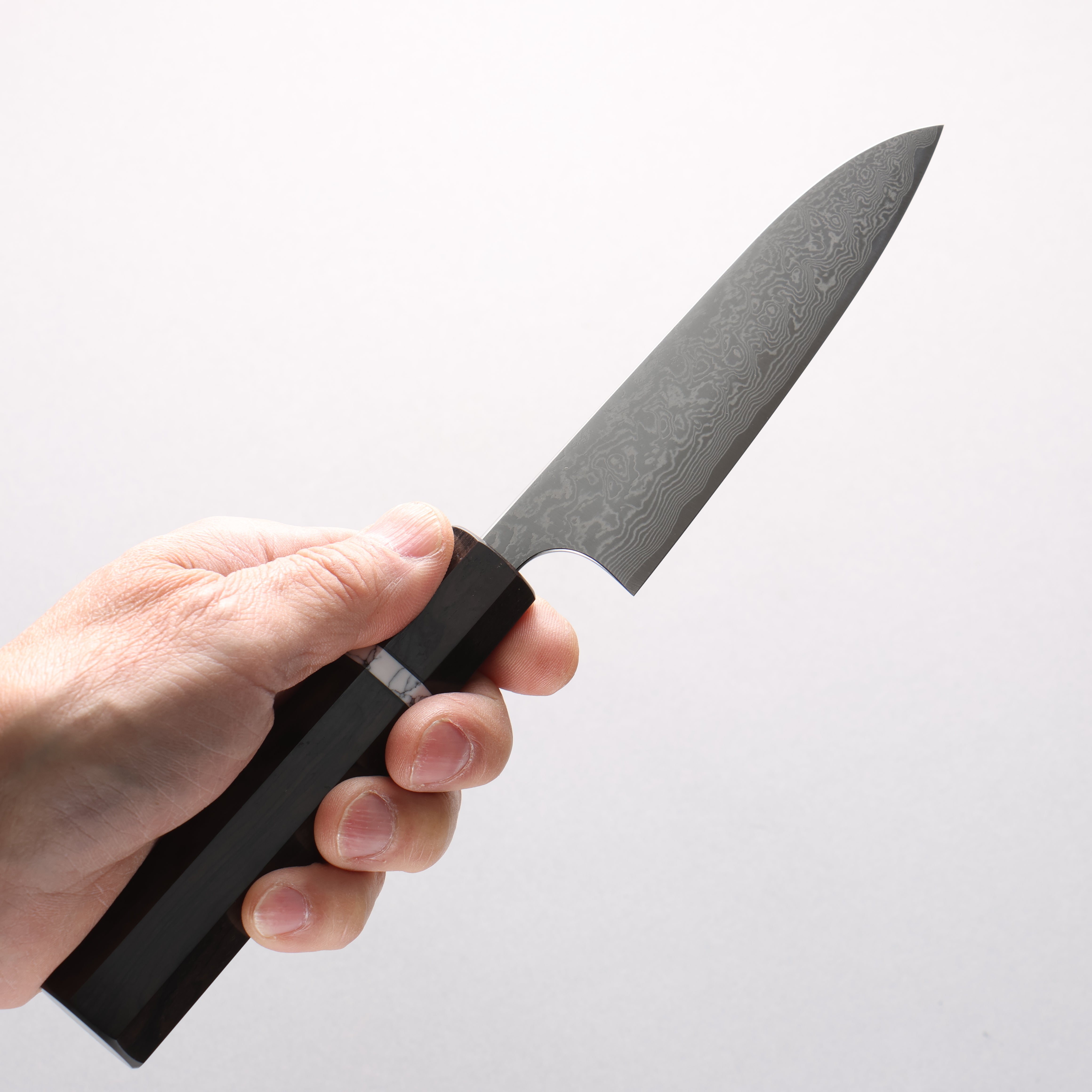 Anryu VG10 Migaki Damascus Petty-Utility 120mm Ebony Wood & White Turquoise Ring Handle - Seisuke Knife