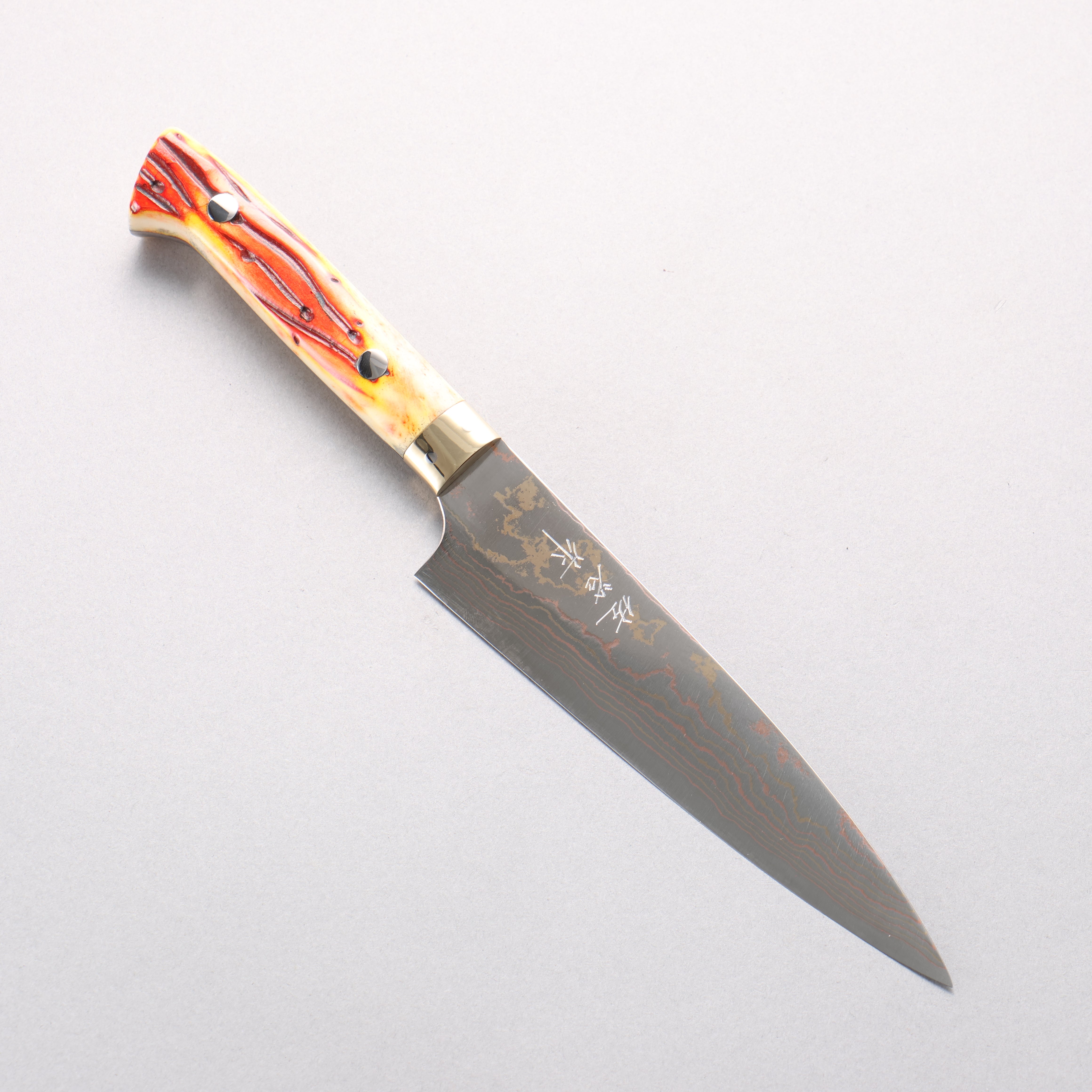 Takeshi Saji Blue Steel No.2 Colored Damascus Petty-Utility 150mm Orange Cow Bone Handle - Seisuke Knife