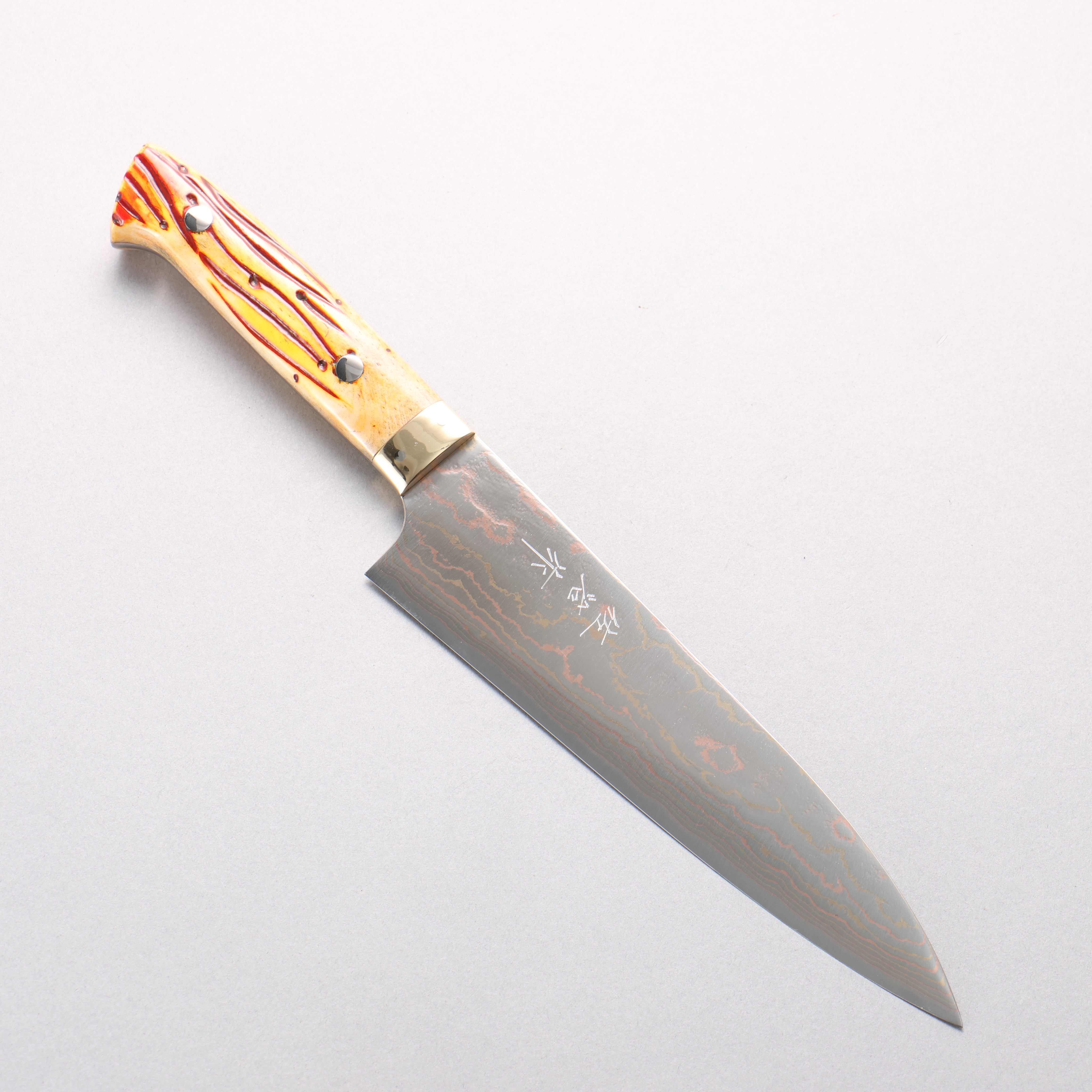 Takeshi Saji Blue Steel No.2 Colored Damascus Gyuto 180mm Orange Cow Bone Handle - Seisuke Knife