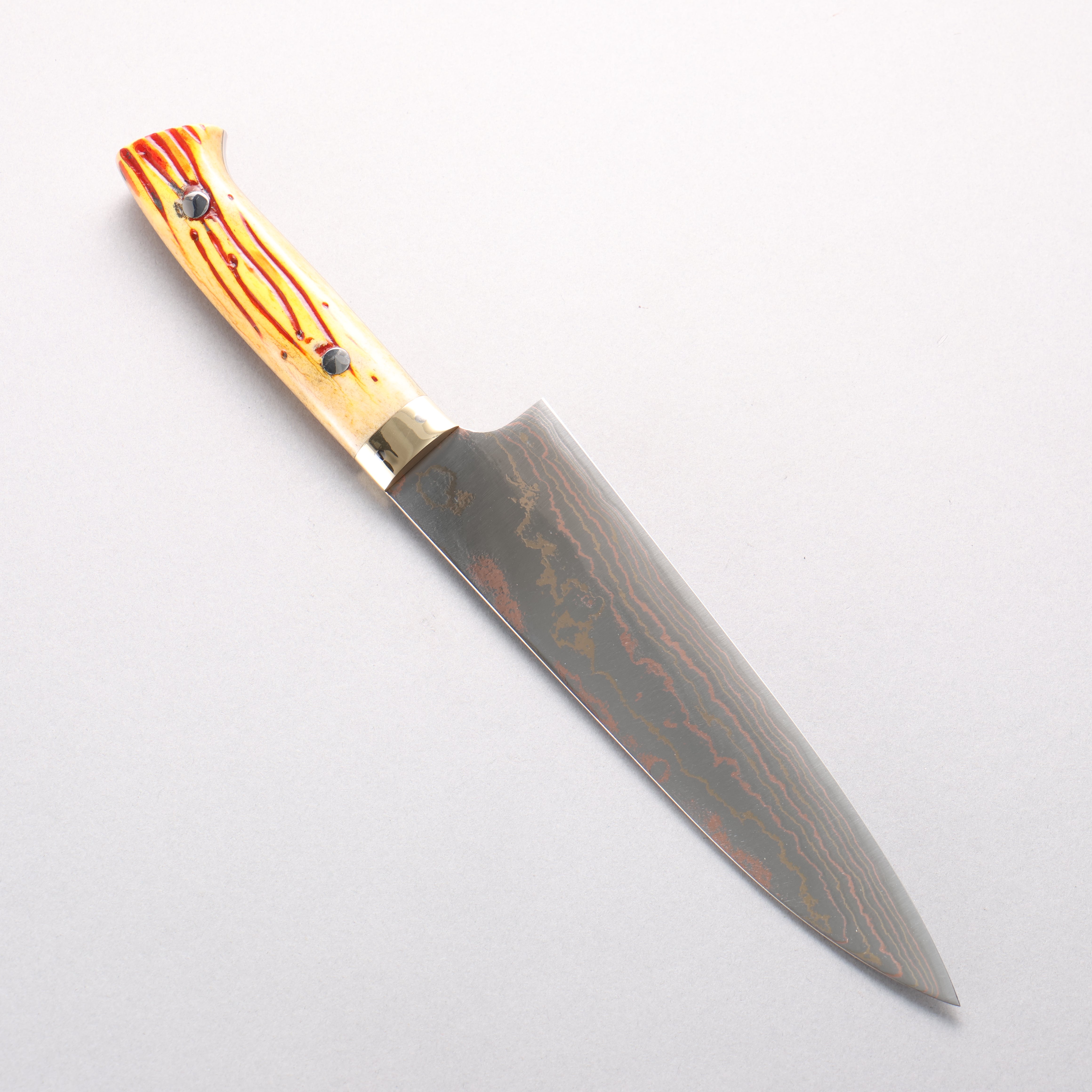 Takeshi Saji Blue Steel No.2 Colored Damascus Gyuto 180mm Orange Cow Bone Handle - Seisuke Knife