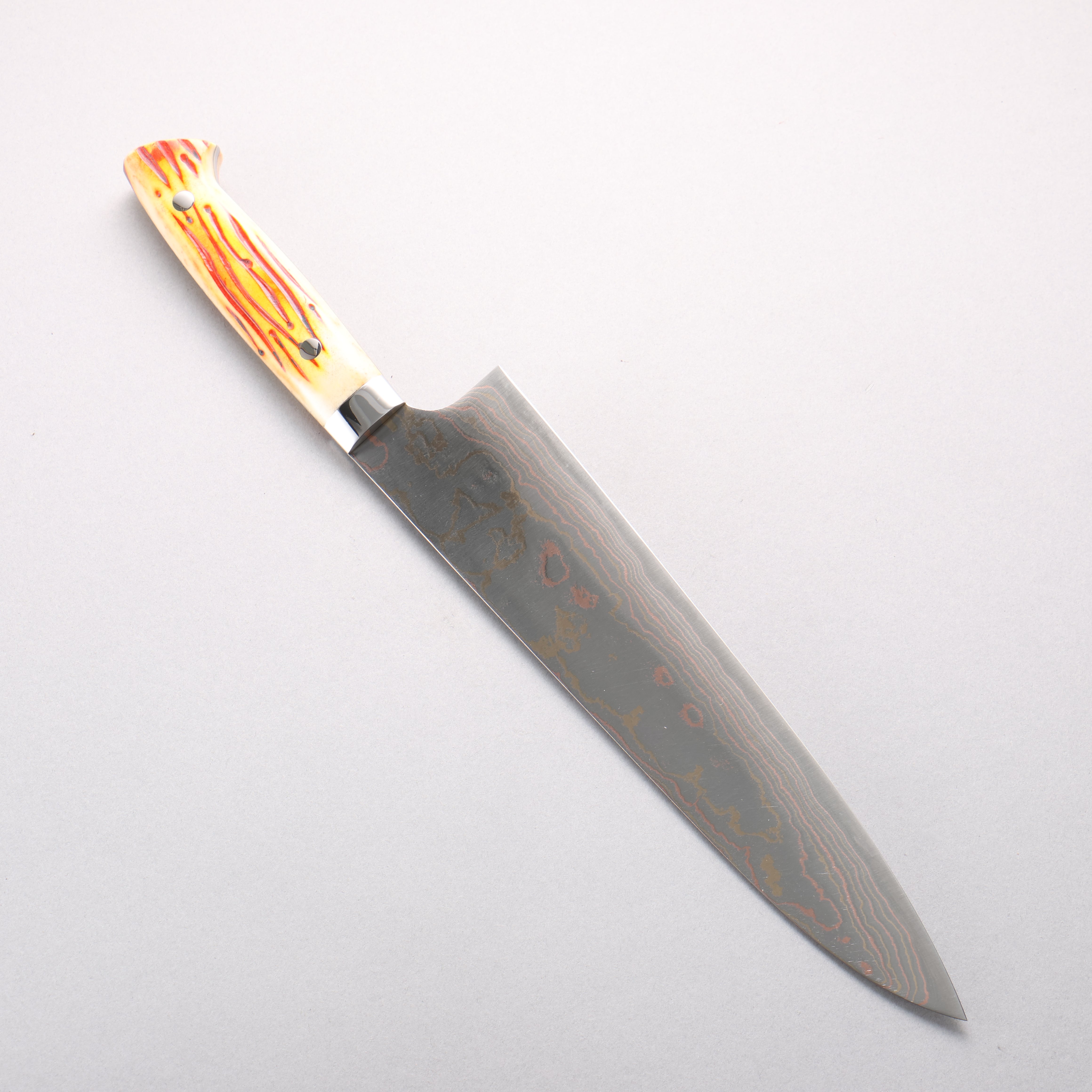 Takeshi Saji Blue Steel No.2 Colored Damascus Gyuto 240mm Orange Cow Bone Handle - Seisuke Knife