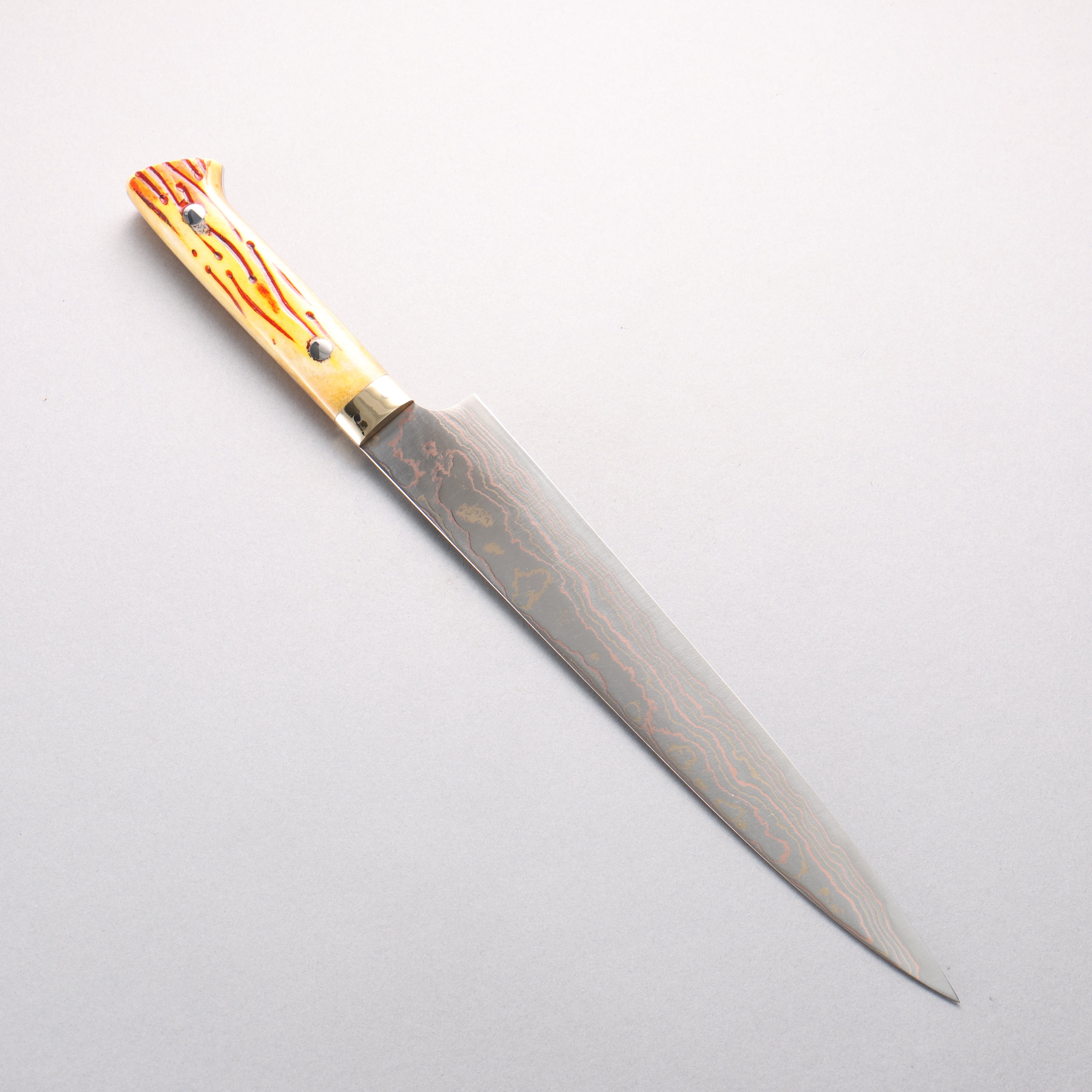 Takeshi Saji Blue Steel No.2 Colored Damascus Sujihiki 240mm Orange Cow Bone Handle - Seisuke Knife