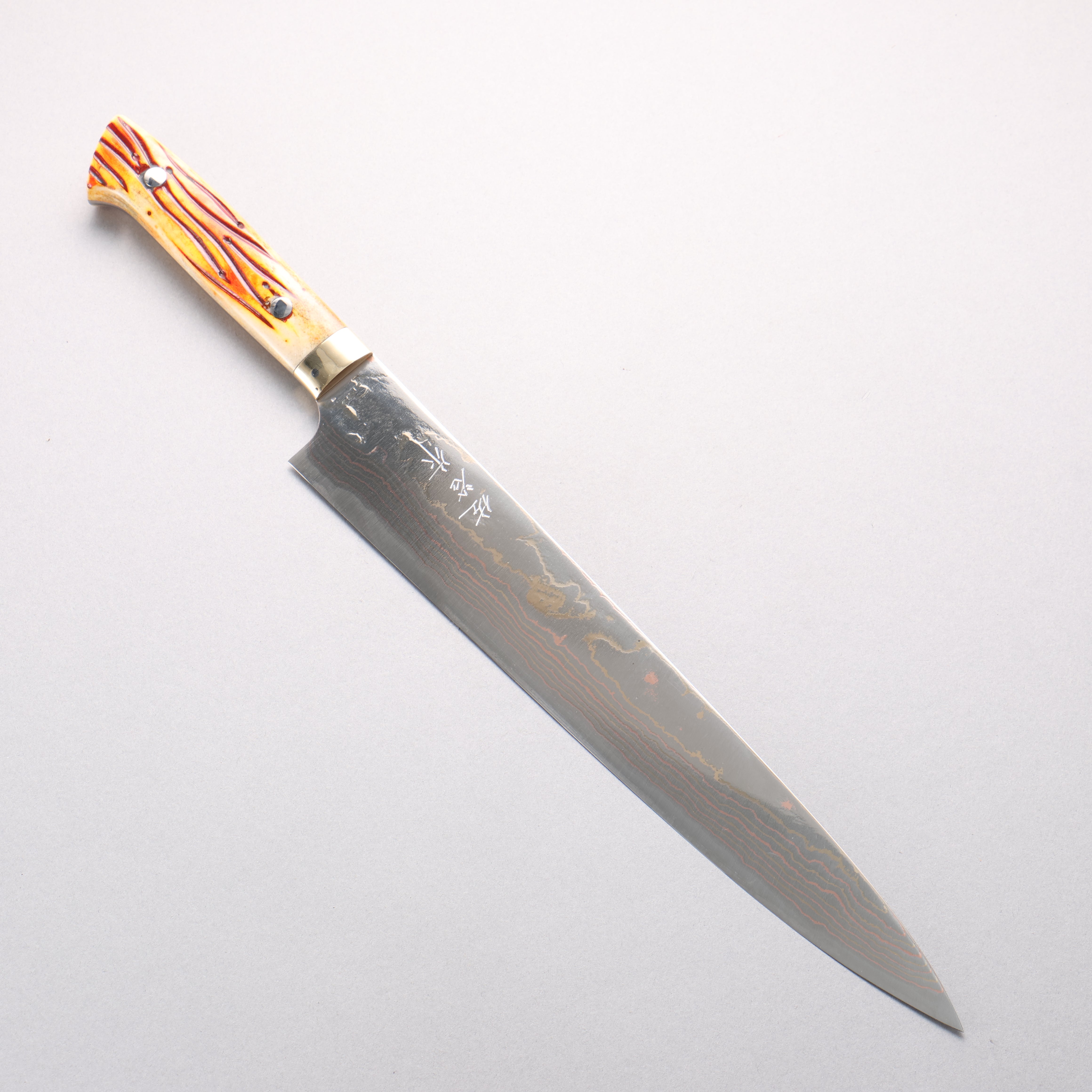 Takeshi Saji Blue Steel No.2 Colored Damascus Sujihiki 270mm Orange Cow Bone Handle - Seisuke Knife