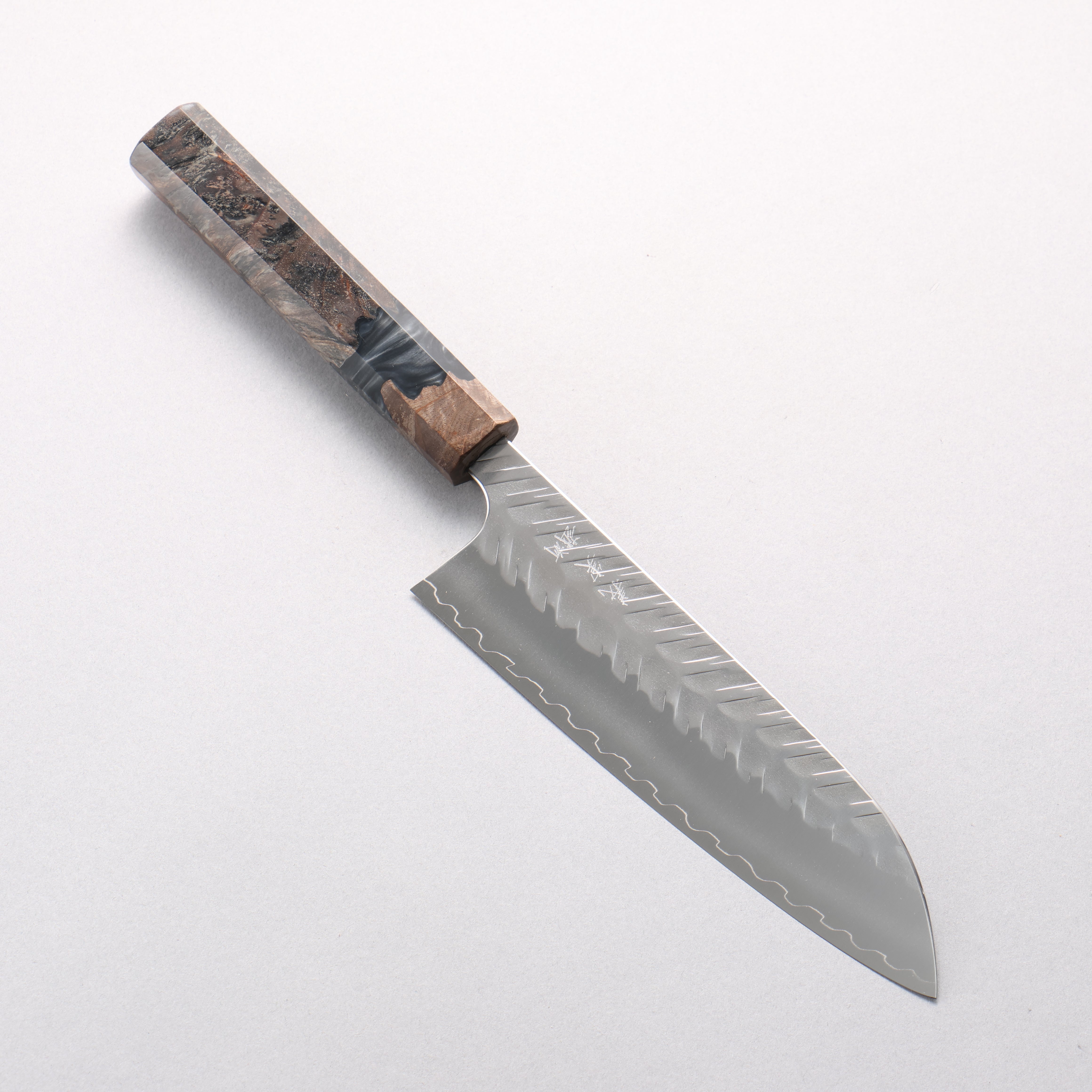Yoshimi Kato SPG STRIX V-Hammered Santoku 170mm Stabilized Birch & Black Resin Handle - Seisuke Knife
