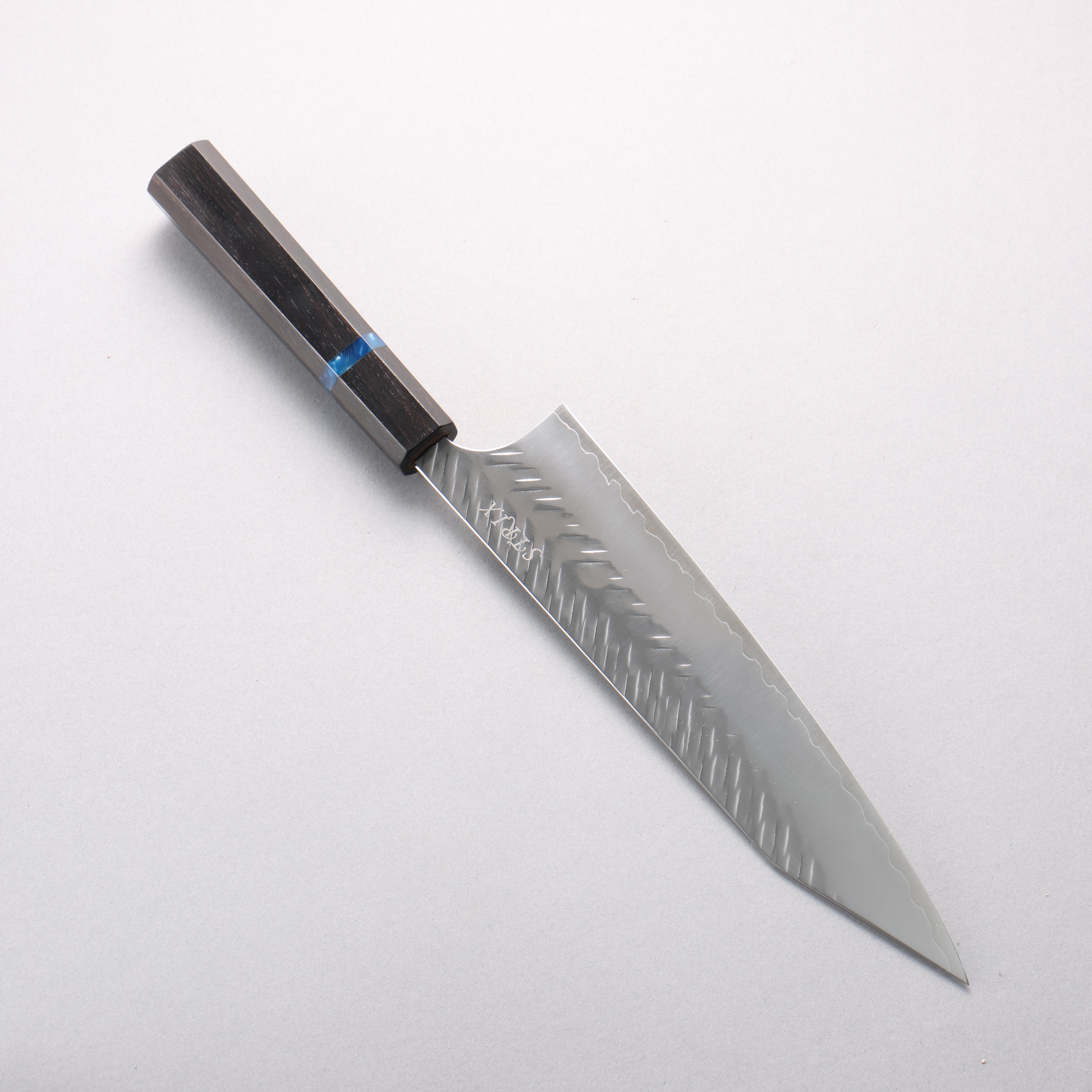 Yoshimi Kato SPG STRIX V-Hammered Kiritsuke Gyuto 210mm Ebony & Blue Ring Handle - Seisuke Knife