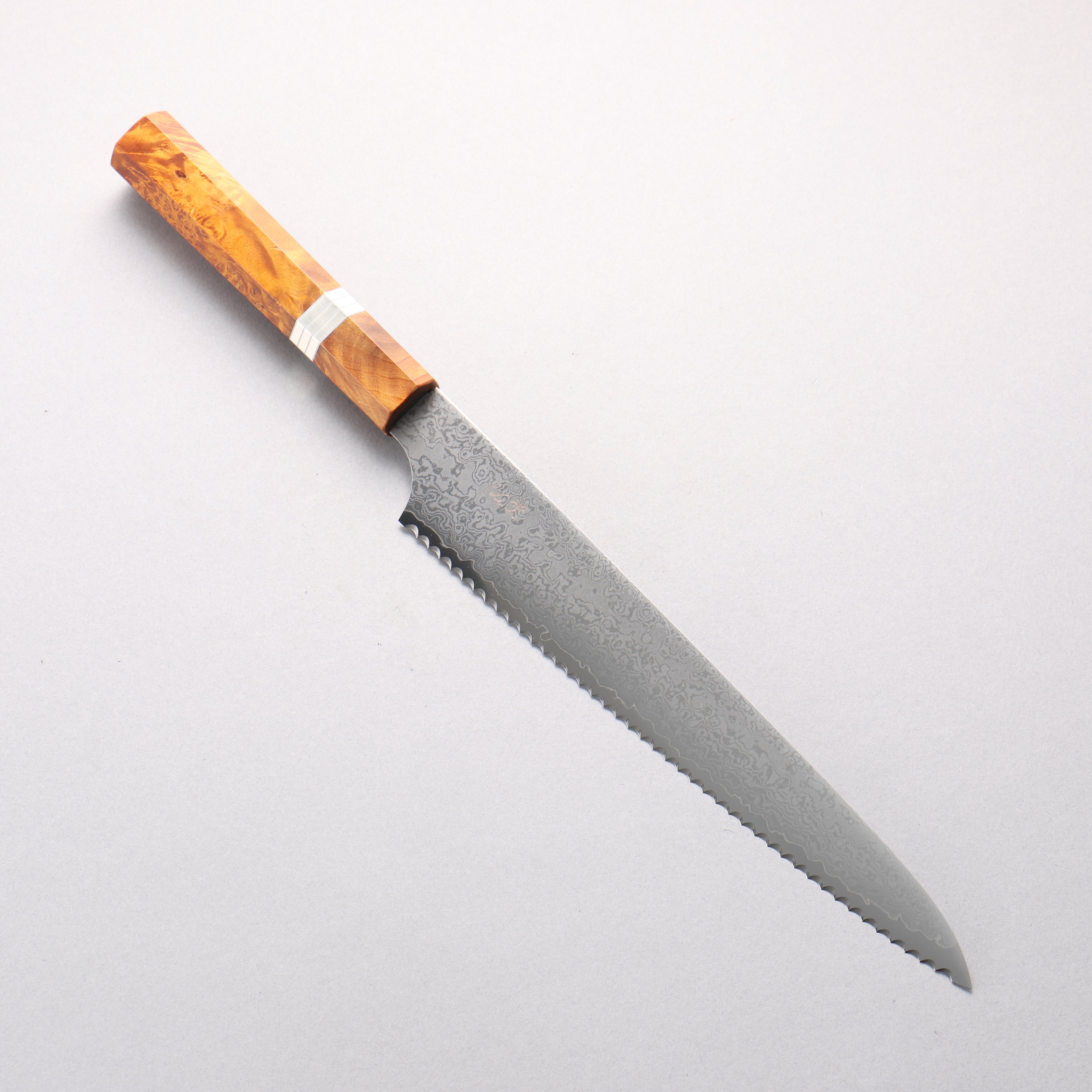Kei VG10 Damascus Bread Slicer 240mm Brown Stabilized Wood & Silver Ring Handle - Seisuke Knife