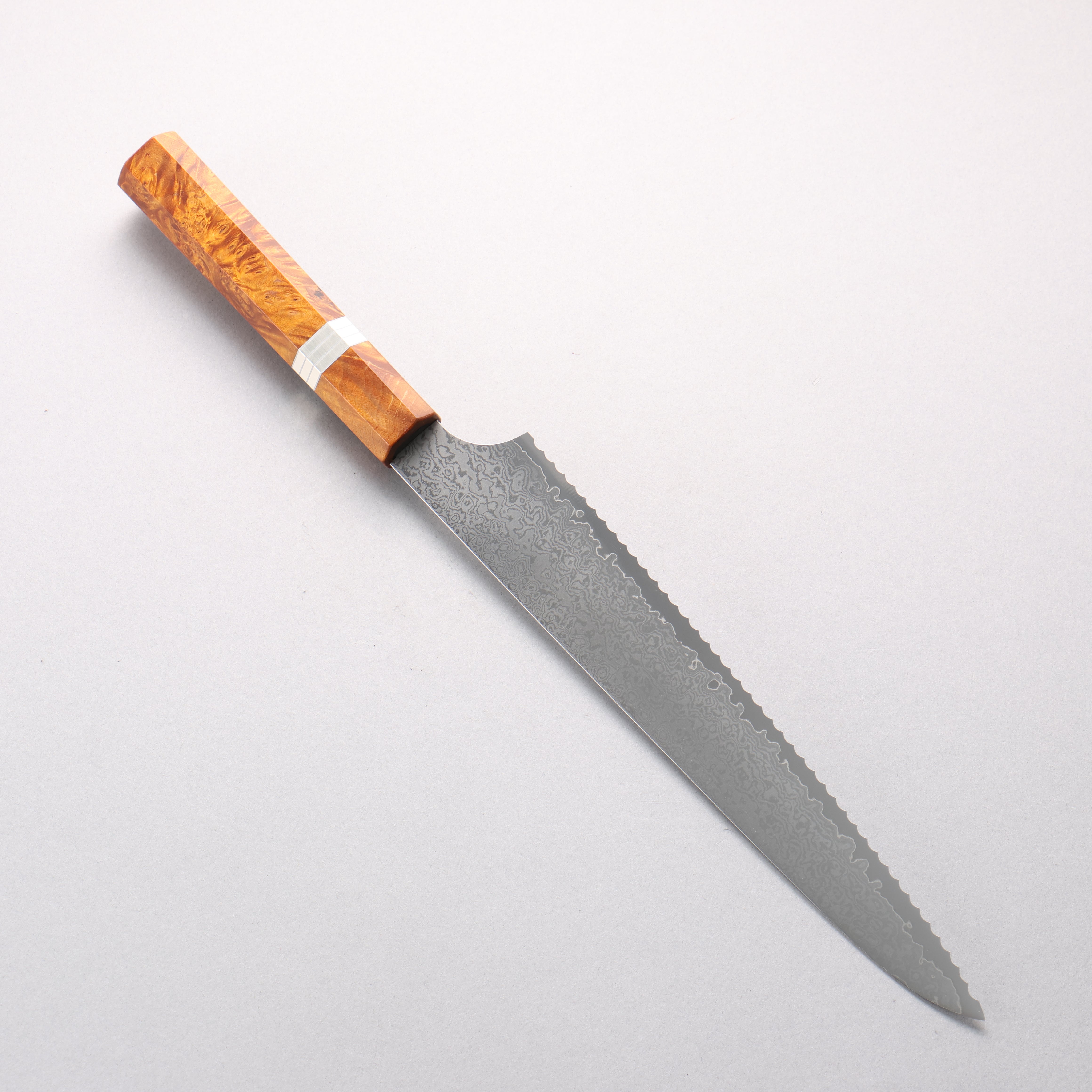 Kei VG10 Damascus Bread Slicer 240mm Brown Stabilized Wood & Silver Ring Handle - Seisuke Knife
